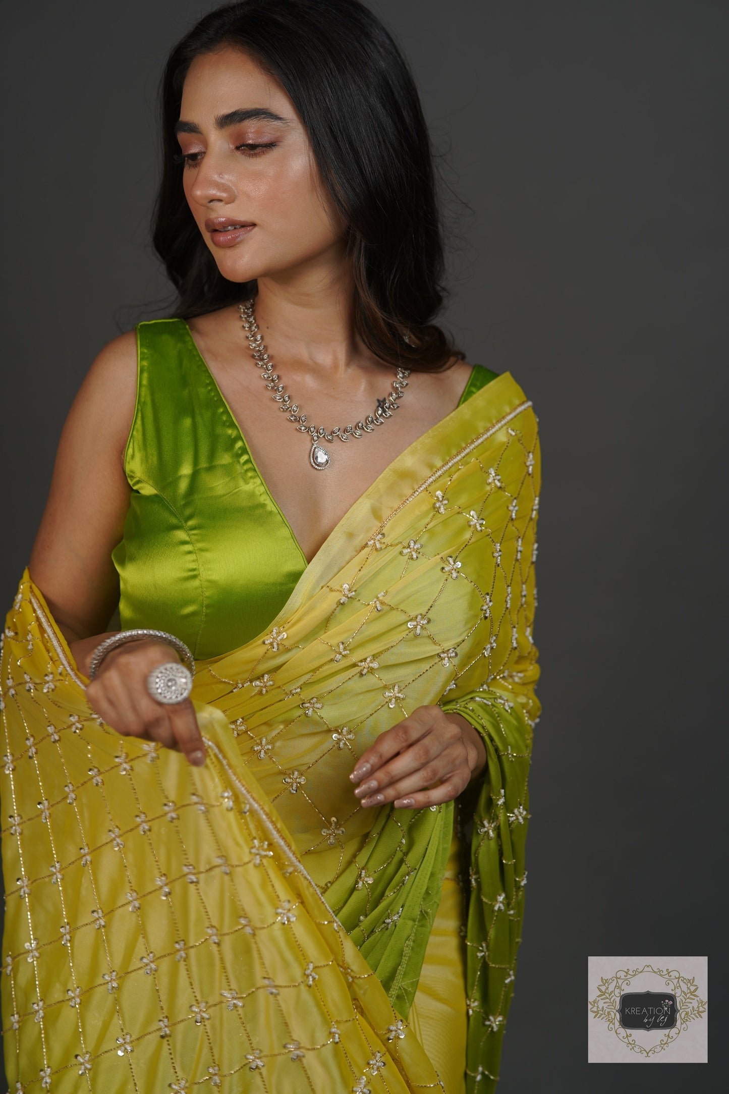 Mango Bite Ombre Cutdana Jaal Saree kreationbykj