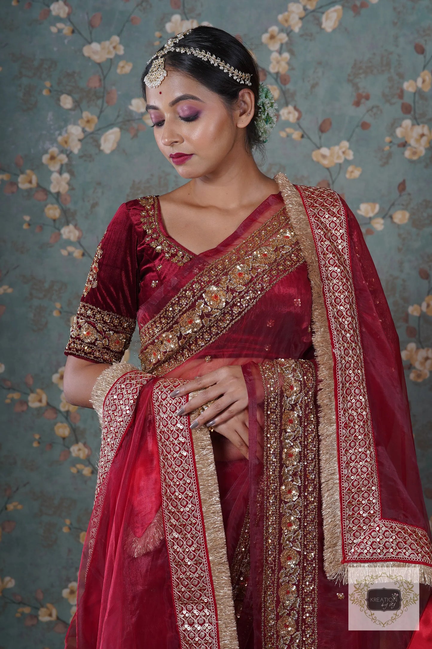 Red Glass Tissue Prajoti Saree kreationbykj