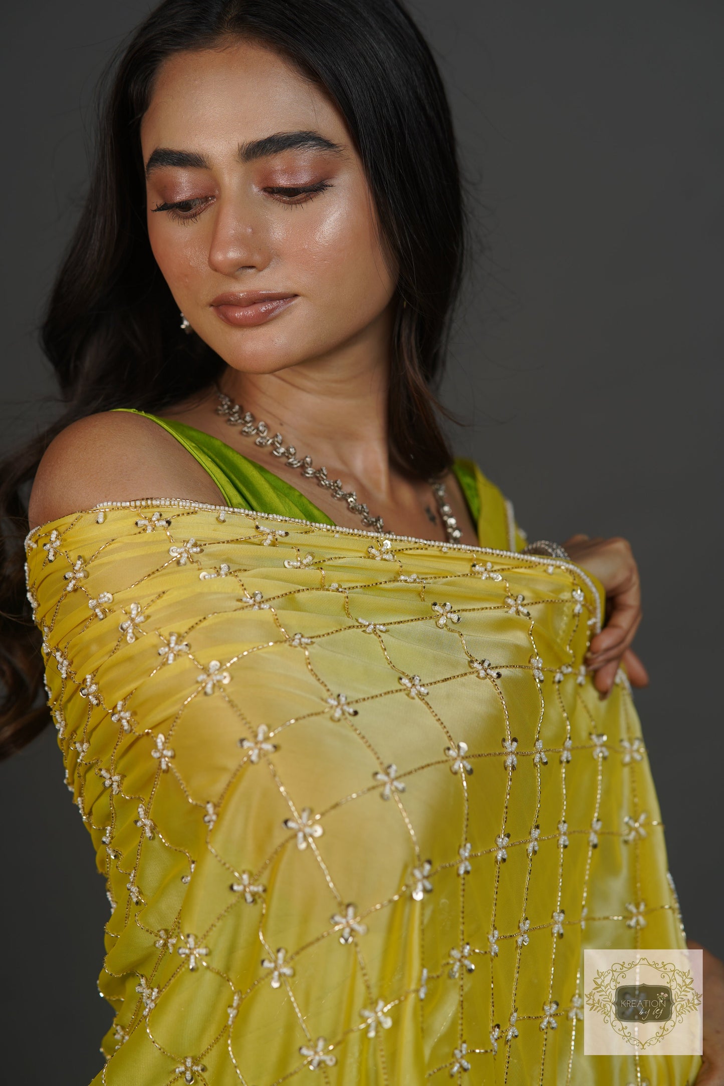 Mango Bite Ombre Cutdana Jaal Saree kreationbykj