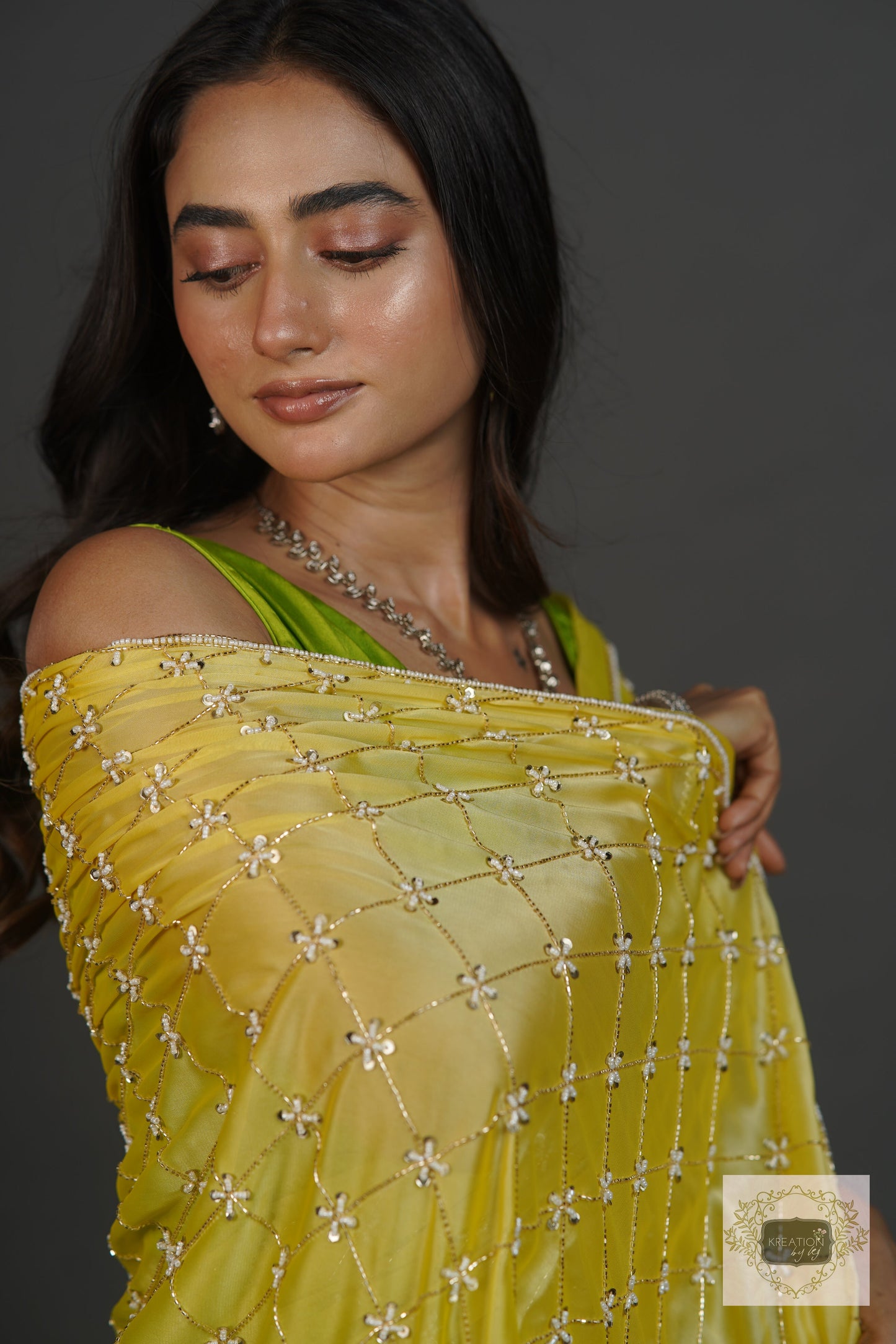Mango Bite Ombre Cutdana Jaal Saree kreationbykj