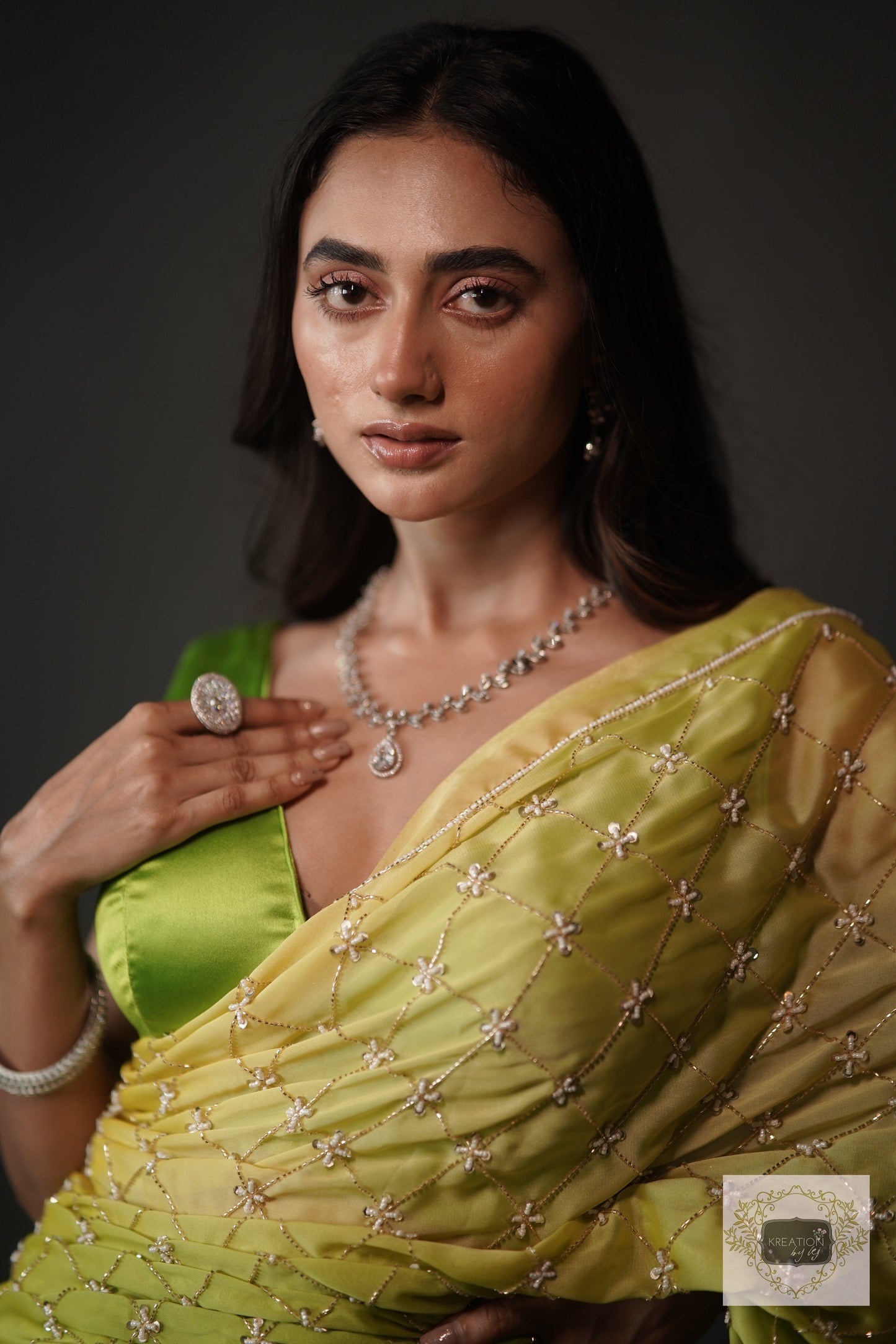 Mango Bite Ombre Cutdana Jaal Saree kreationbykj