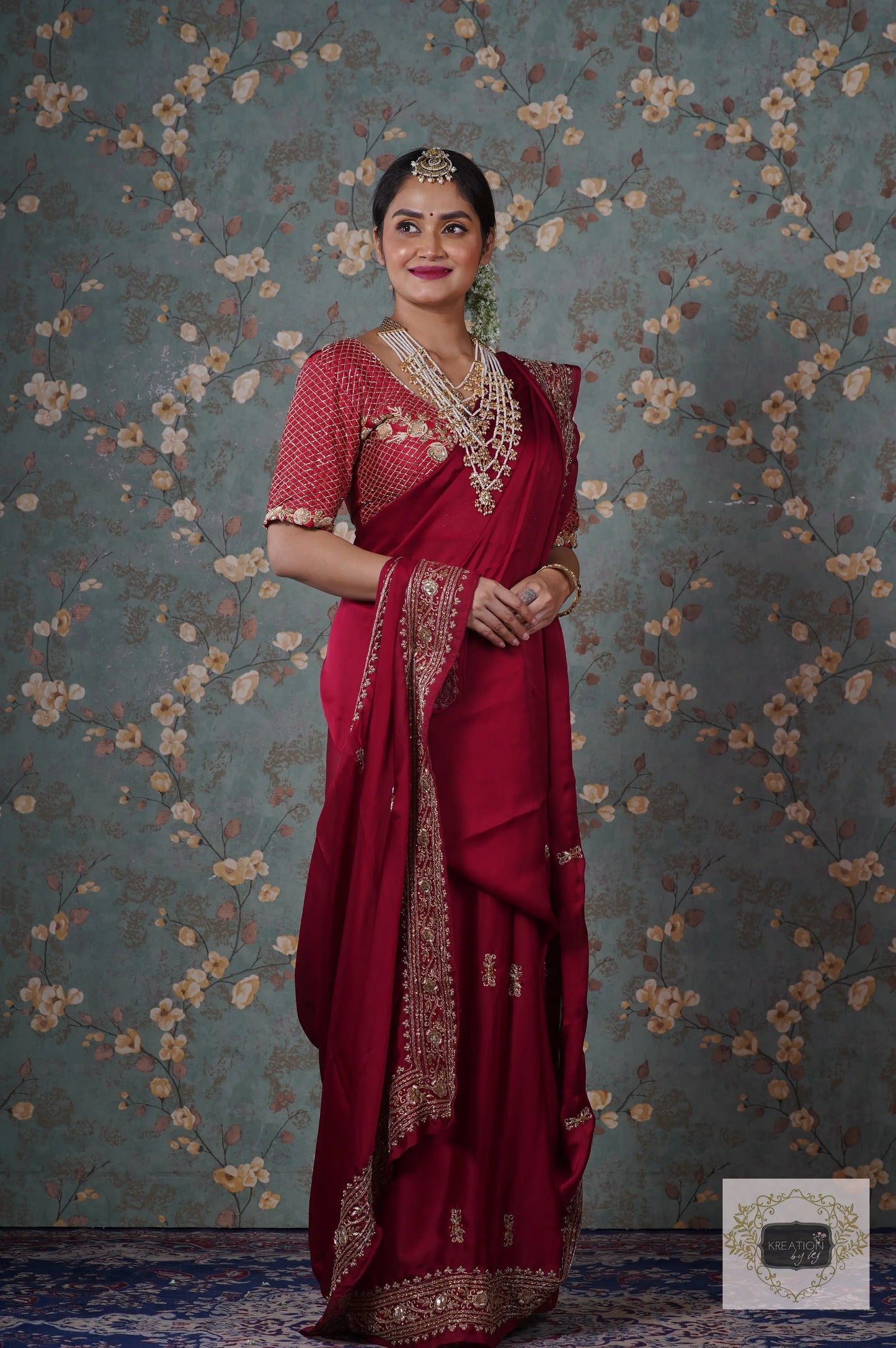 Zarina Maroon Crepe Silk Saree kreationbykj