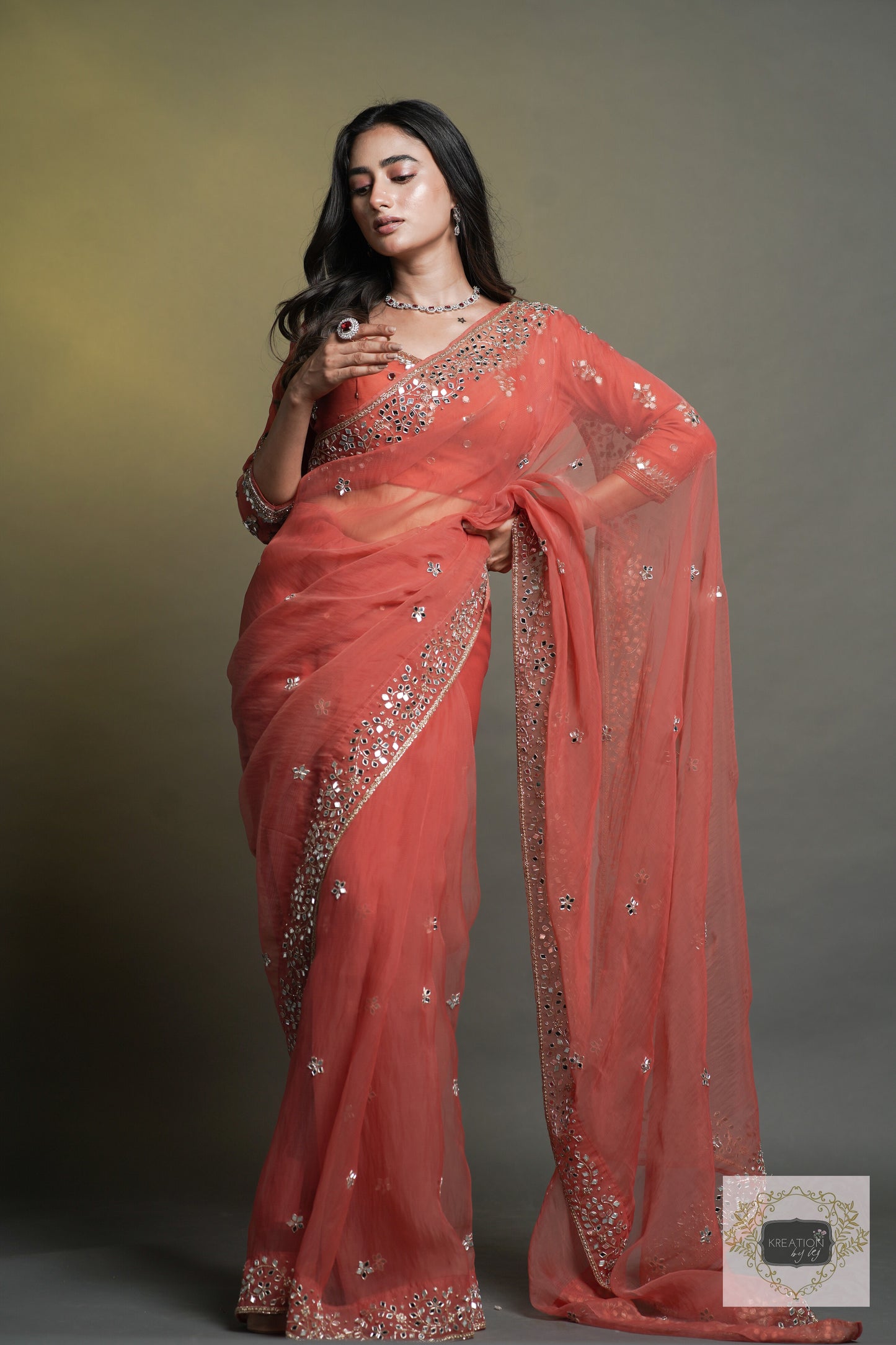 Peach Sheesh Mahal Saree
