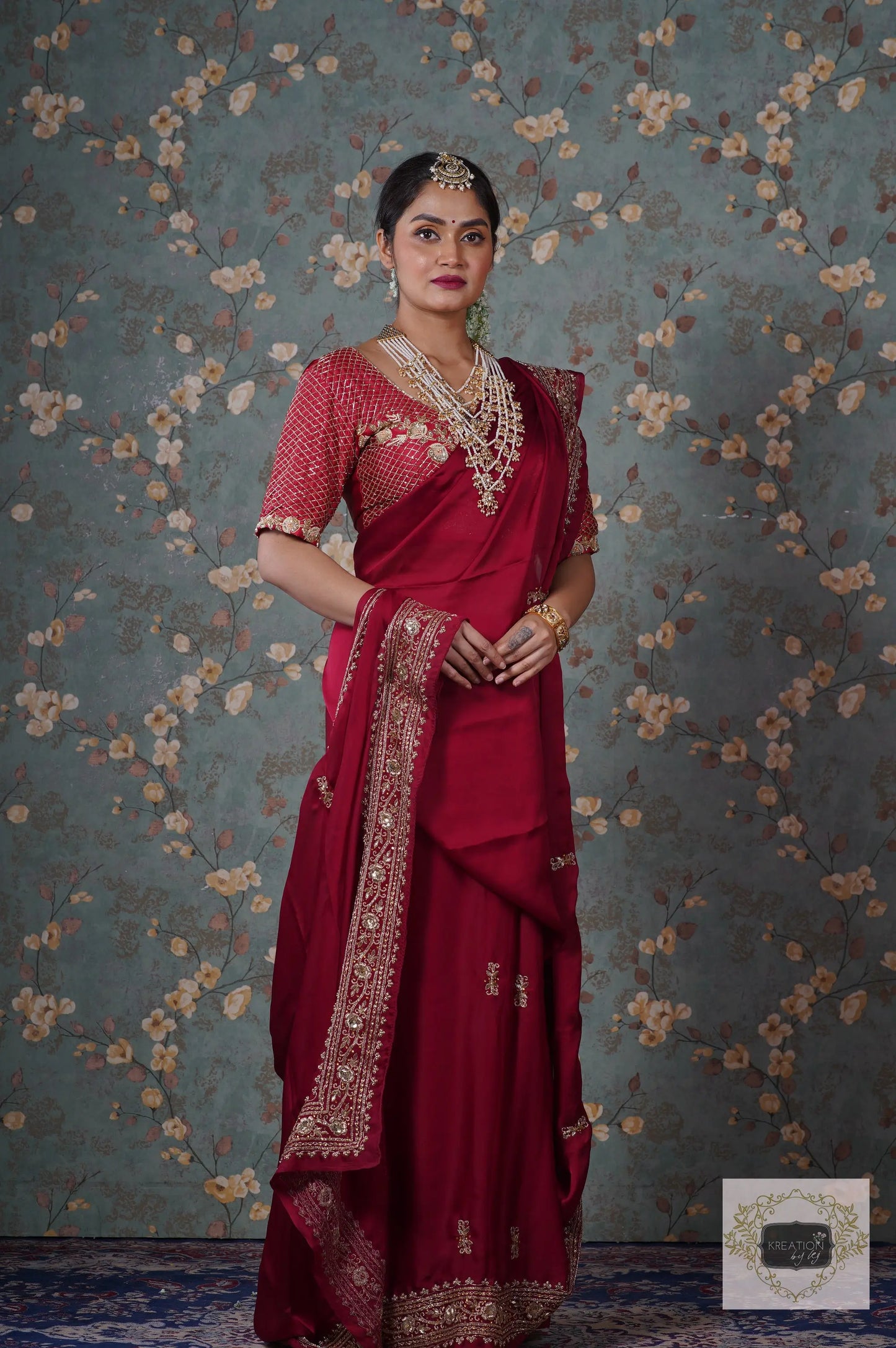 Zarina Maroon Crepe Silk Saree kreationbykj