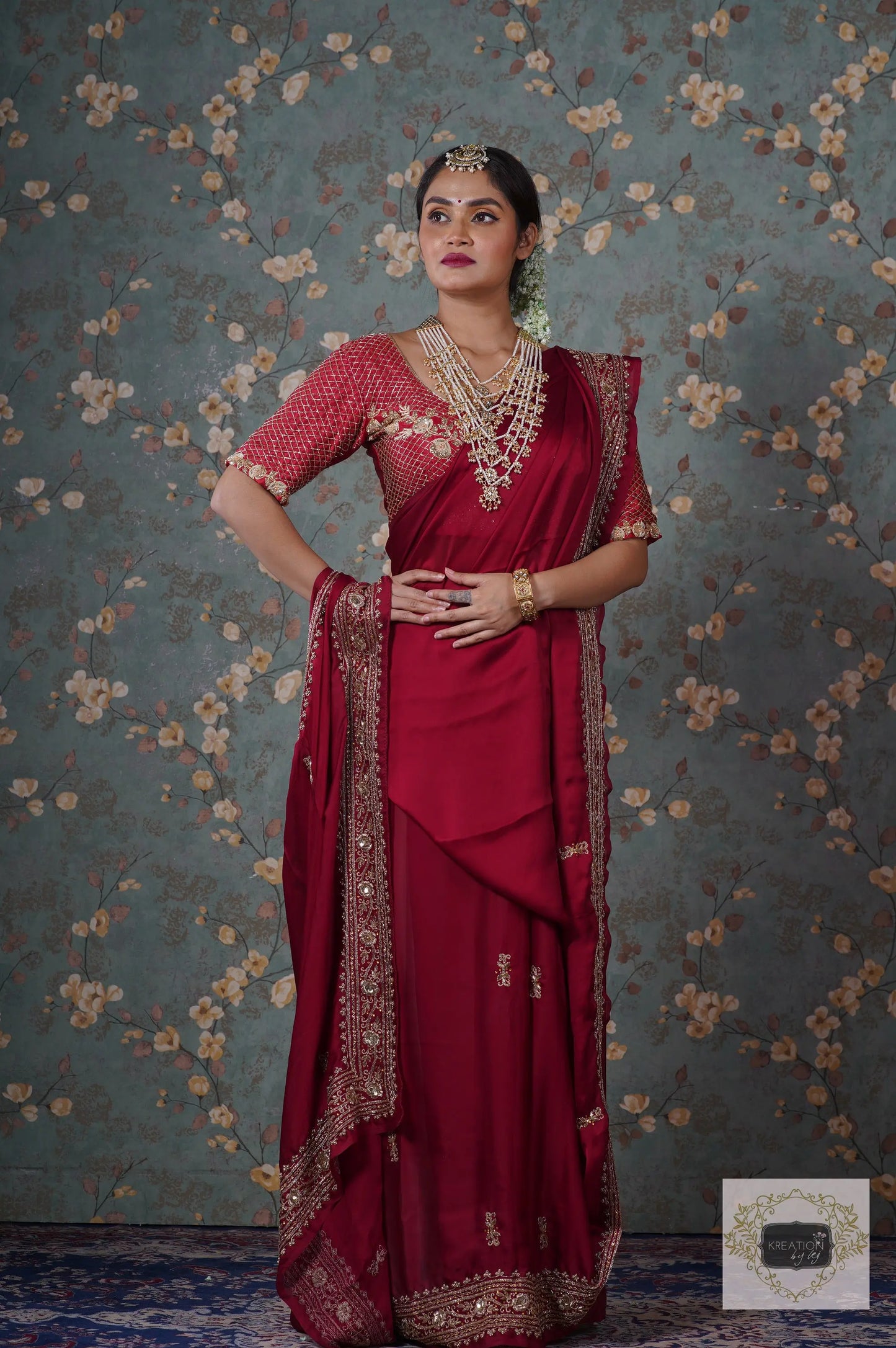 Zarina Maroon Crepe Silk Saree kreationbykj