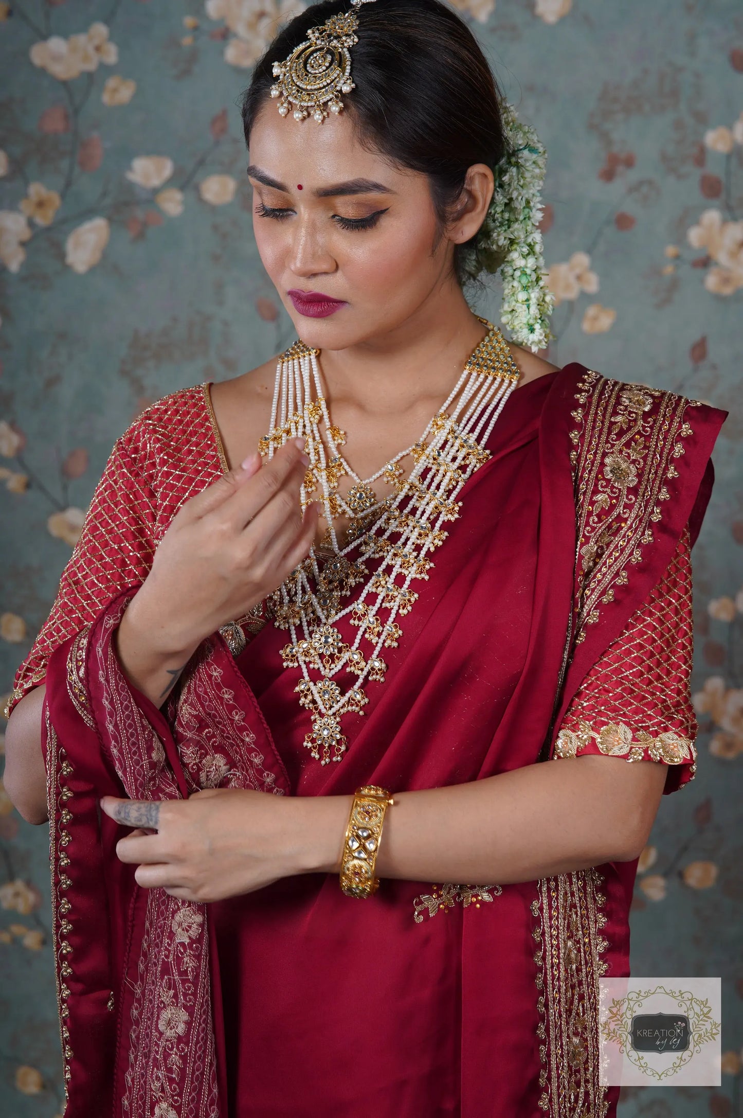 Zarina Maroon Crepe Silk Saree kreationbykj