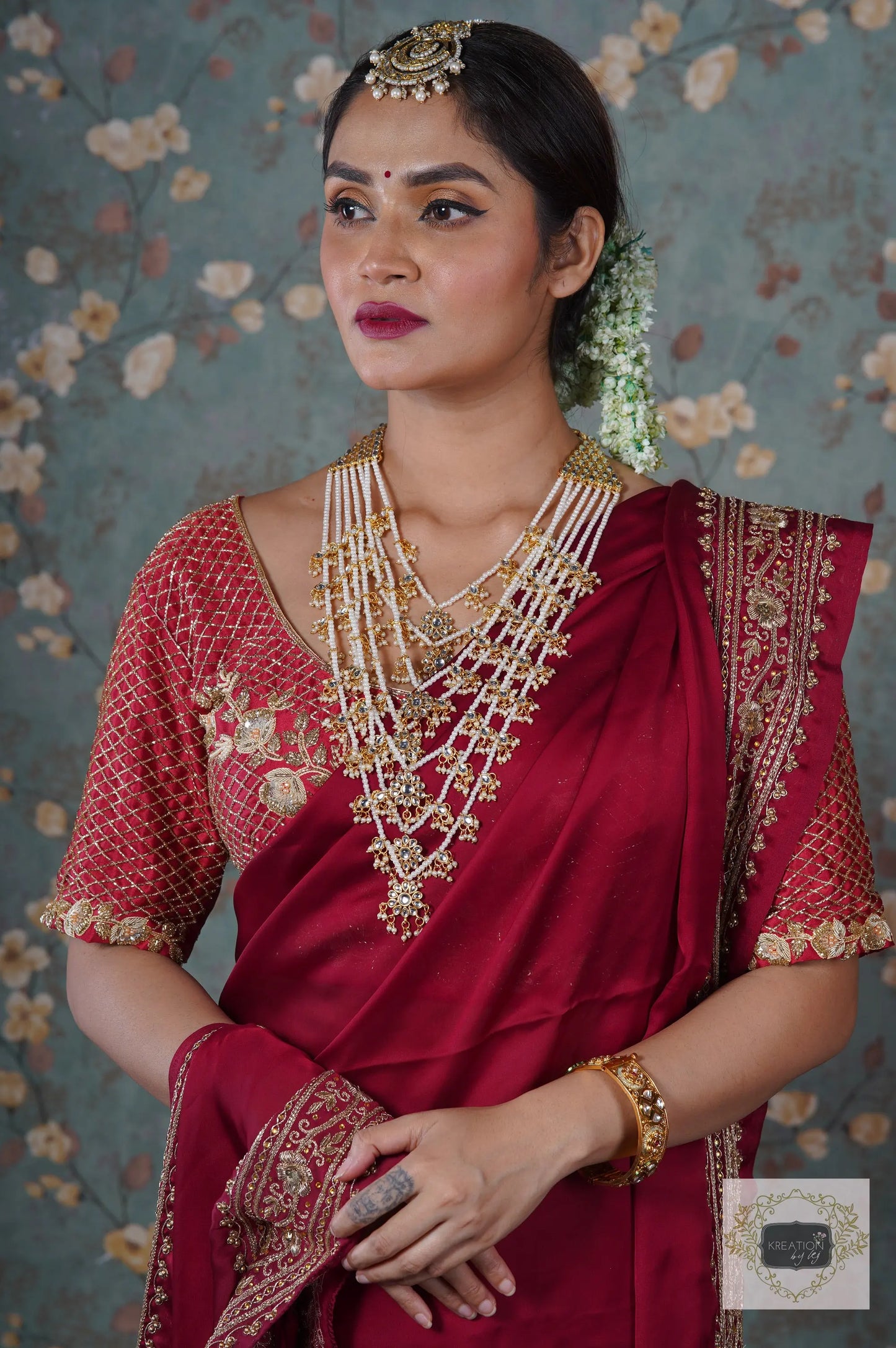 Zarina Maroon Crepe Silk Saree kreationbykj