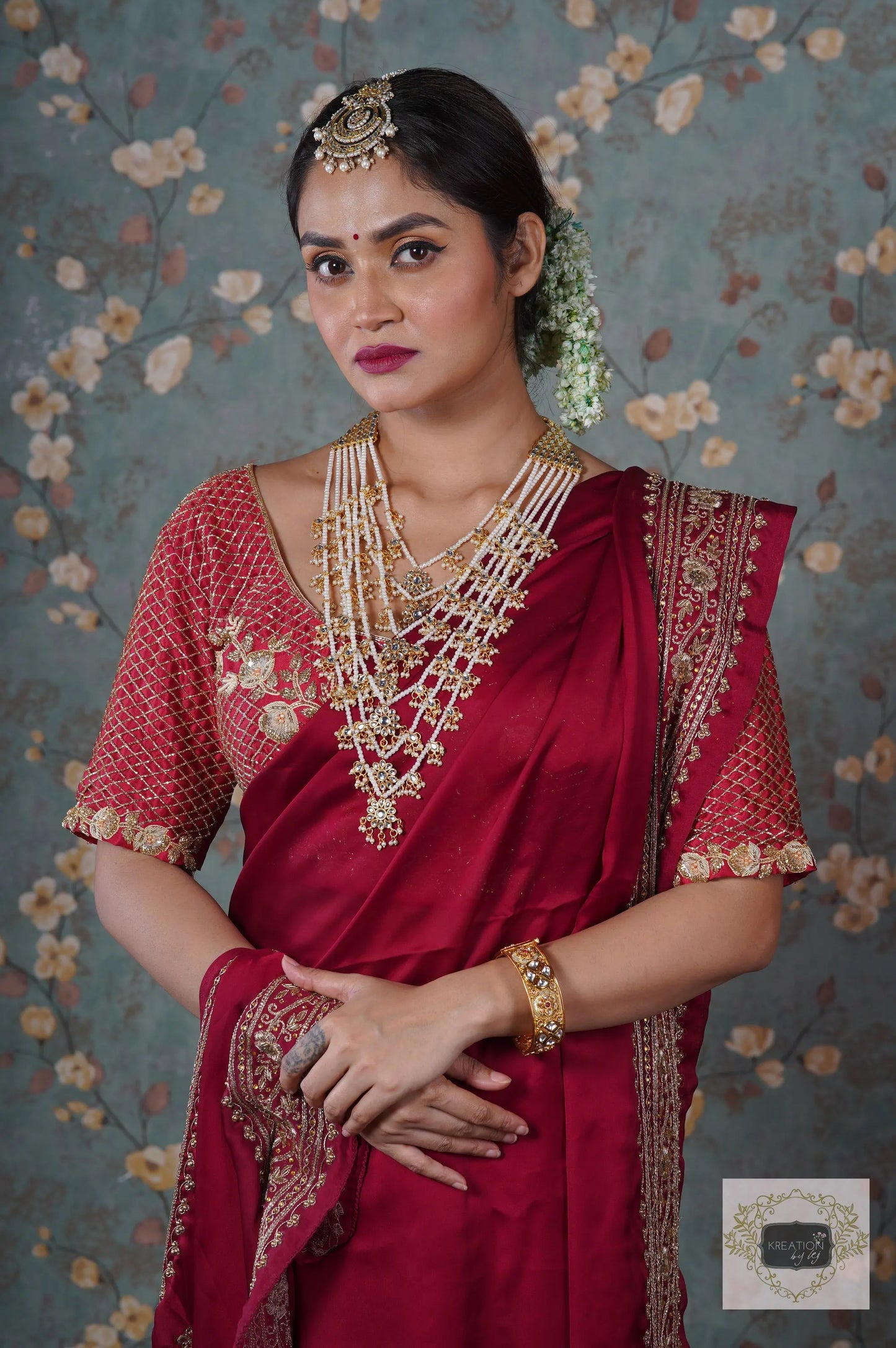 Zarina Maroon Crepe Silk Saree kreationbykj