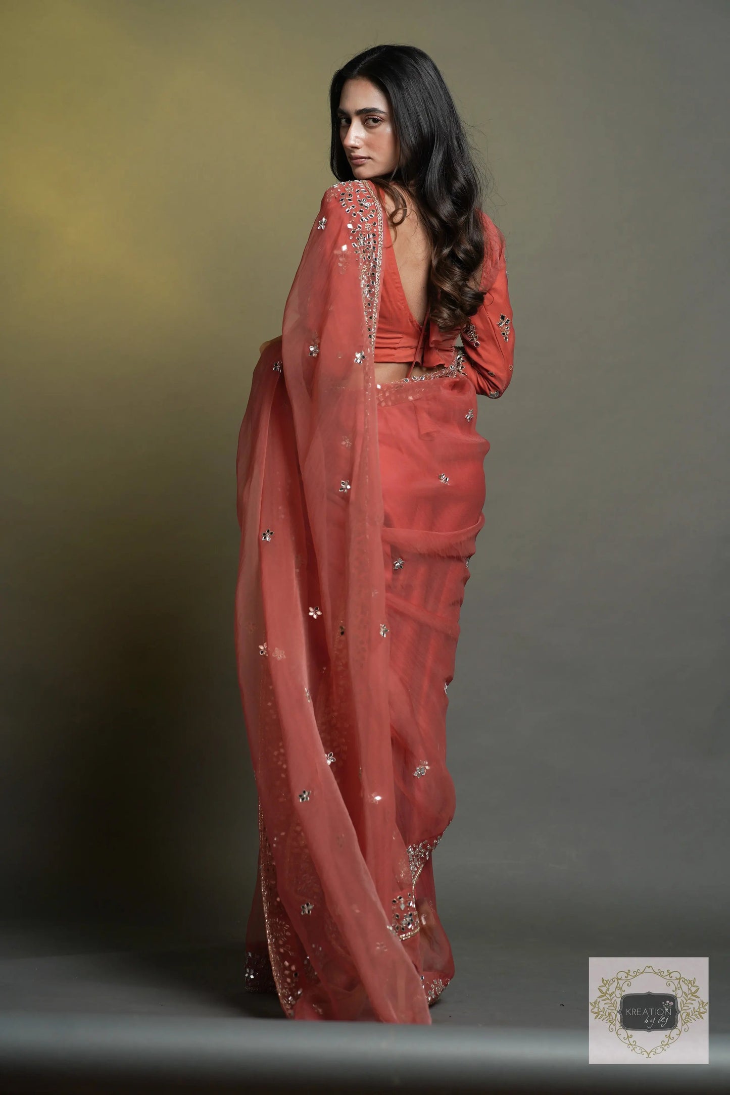 Peach Sheesh Mahal Saree kreationbykj
