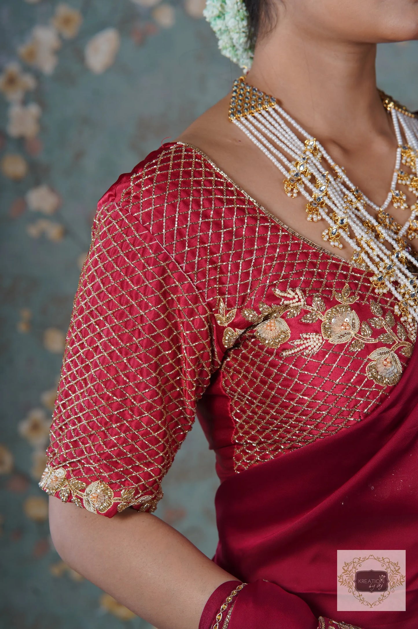Red Floral Bridal Cutdana Jaal Blouse Piece kreationbykj