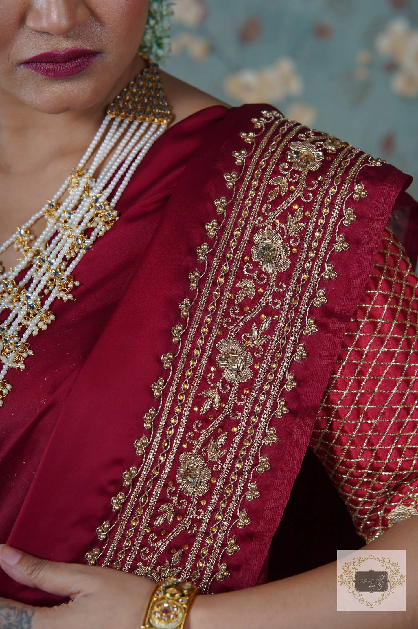 Zarina Maroon Crepe Silk Saree kreationbykj