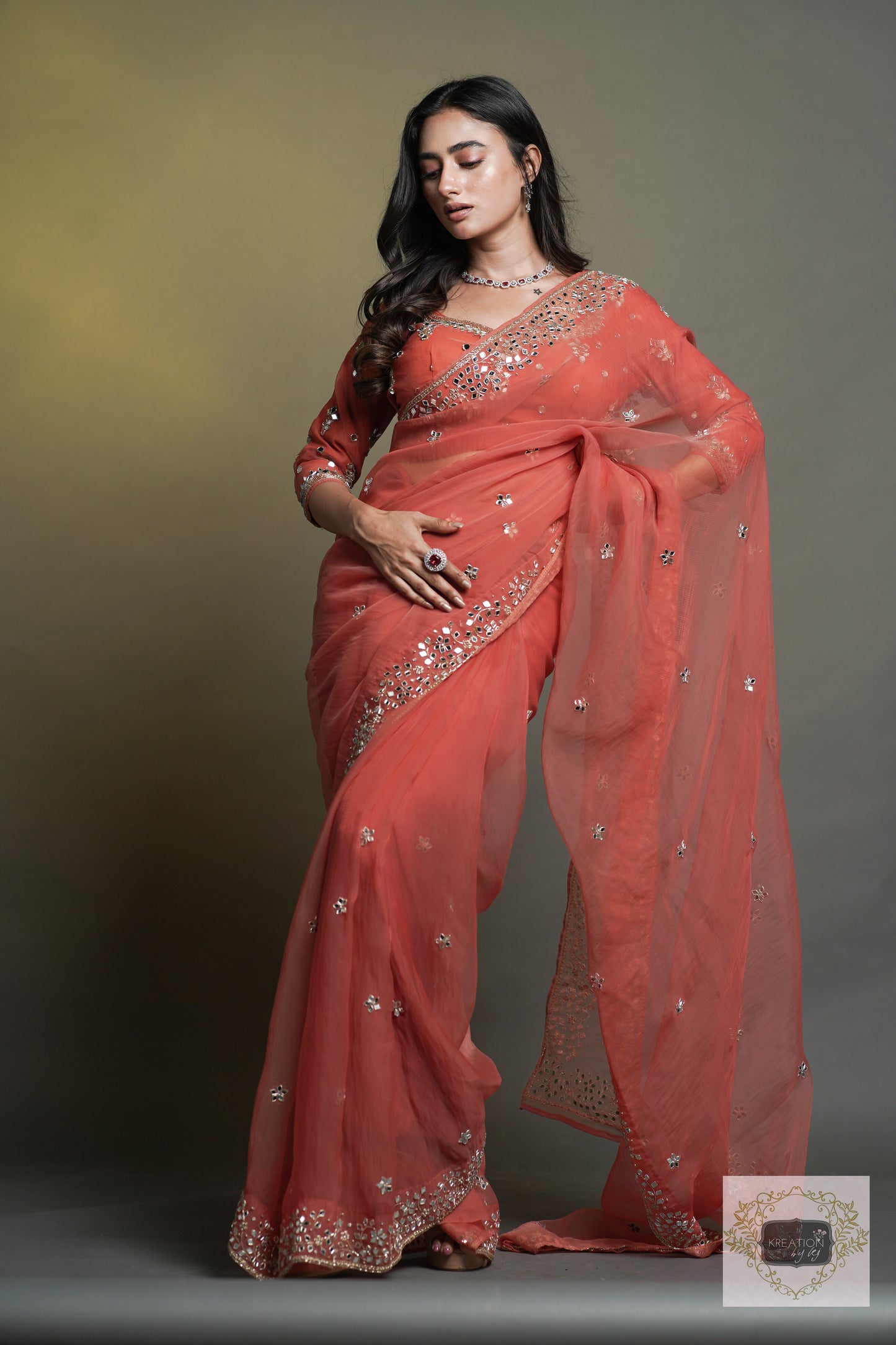 Peach Sheesh Mahal Saree