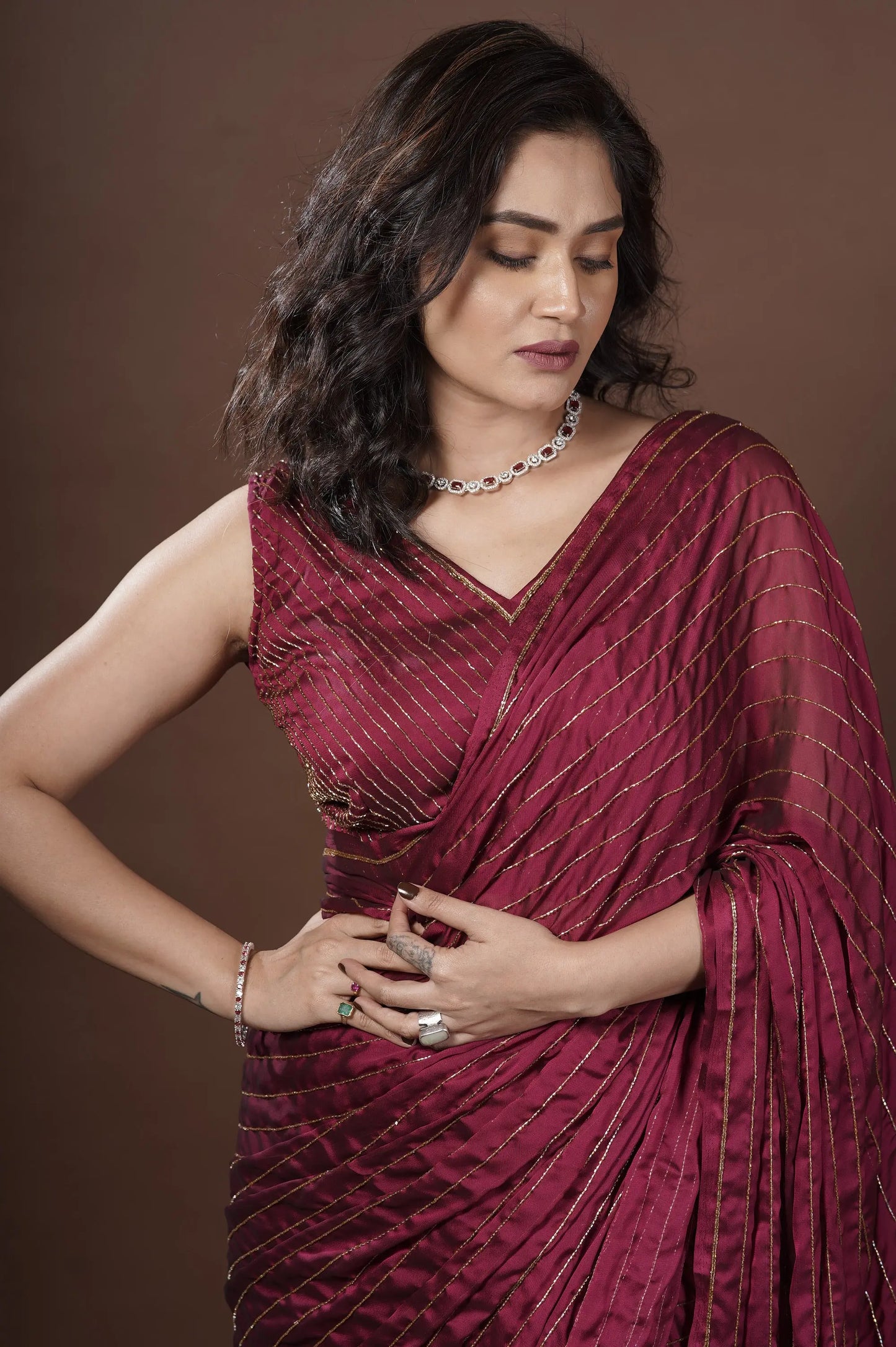 Wine Georgette Noorani Saree kreationbykj