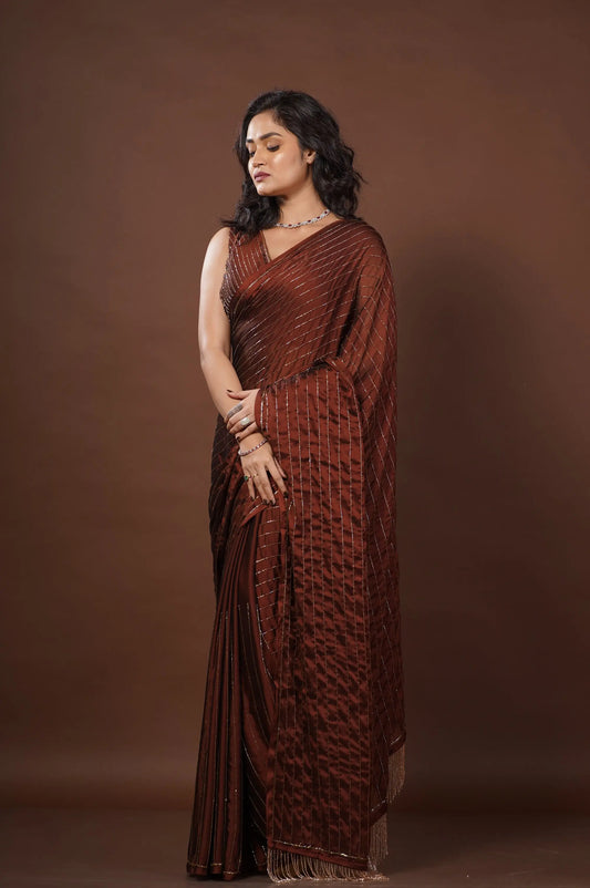 Coffee Brown Noorani Georgette Cocktail Saree kreationbykj