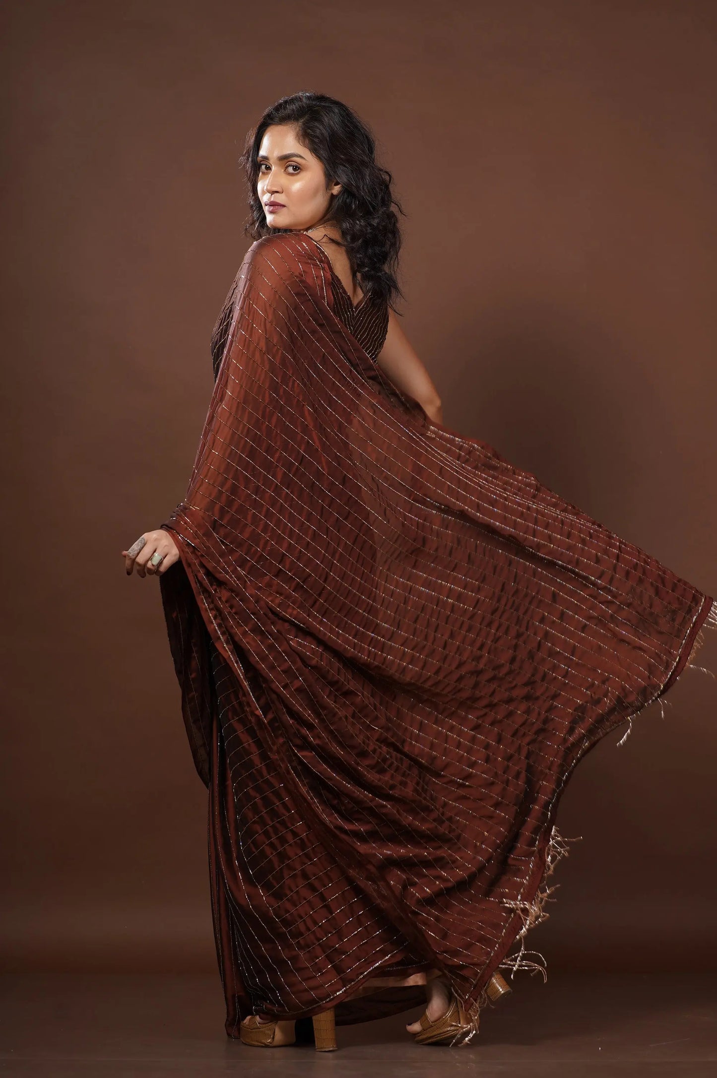 Coffee Brown Noorani Georgette Cocktail Saree kreationbykj