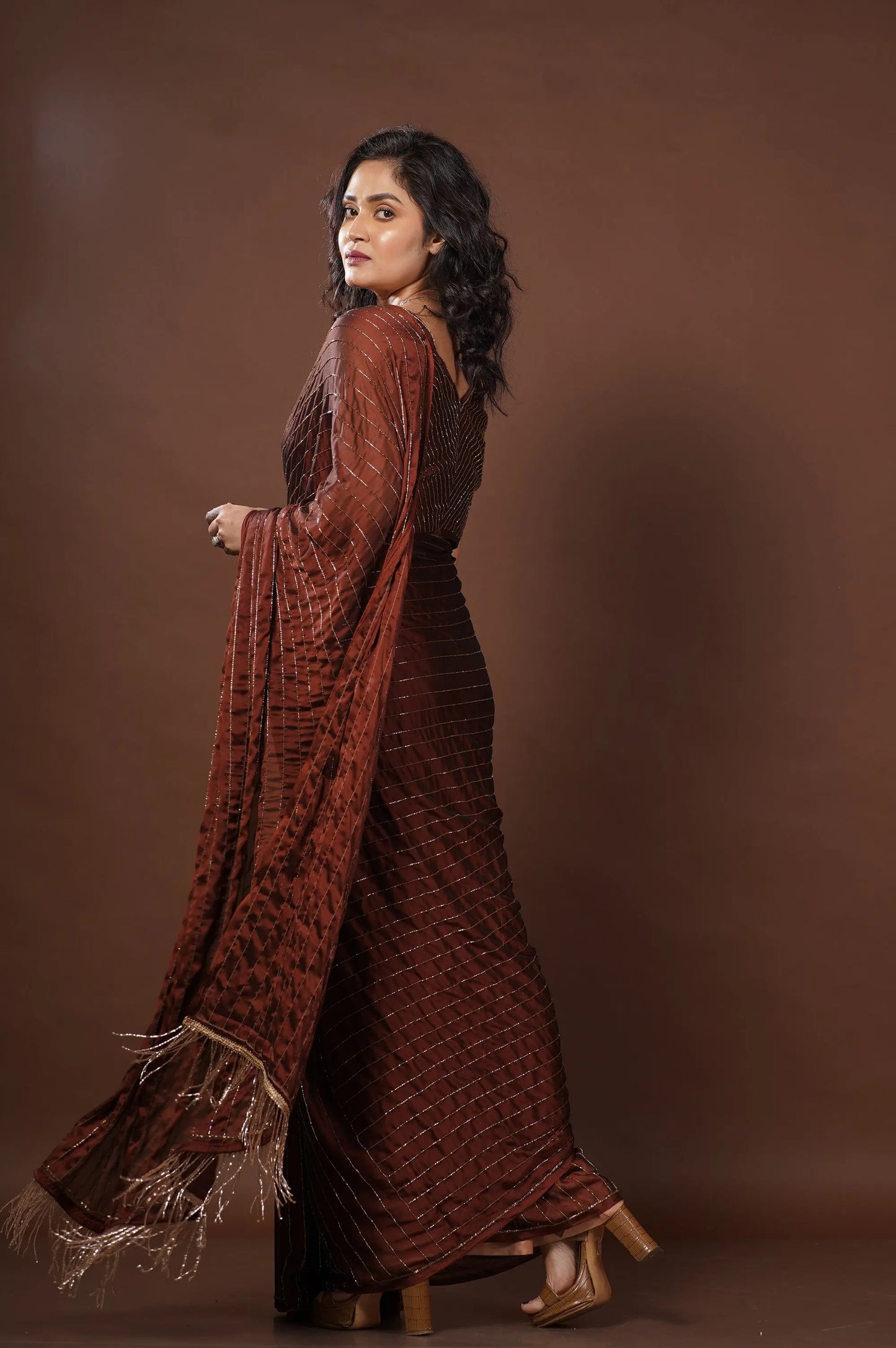 Coffee Brown Noorani Georgette Cocktail Saree kreationbykj