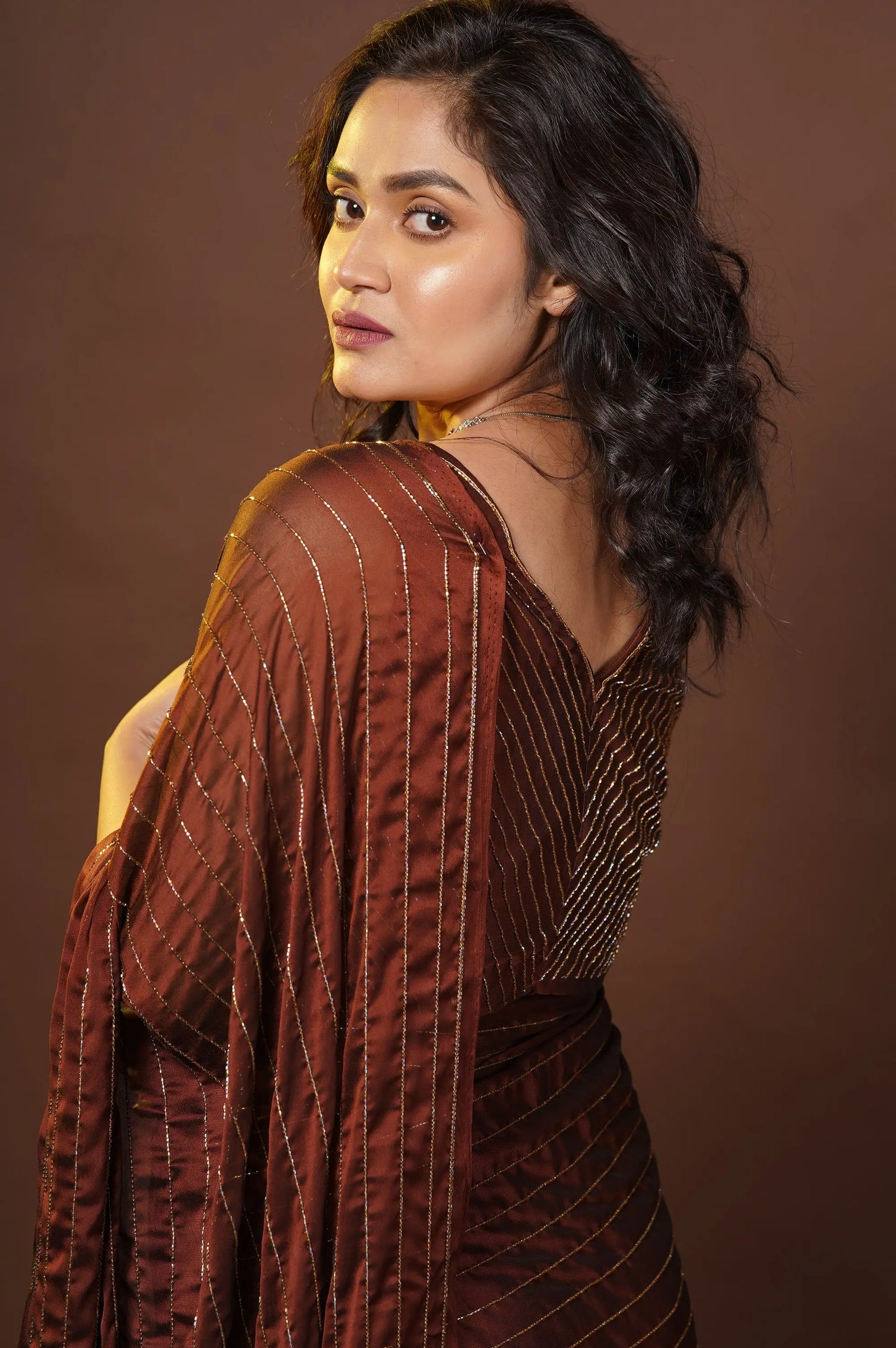 Coffee Brown Noorani Georgette Cocktail Saree kreationbykj