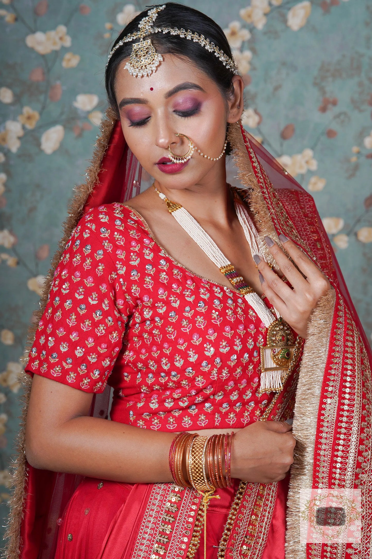 Red Handembroidered Floral Bridal Blouse Piece kreationbykj