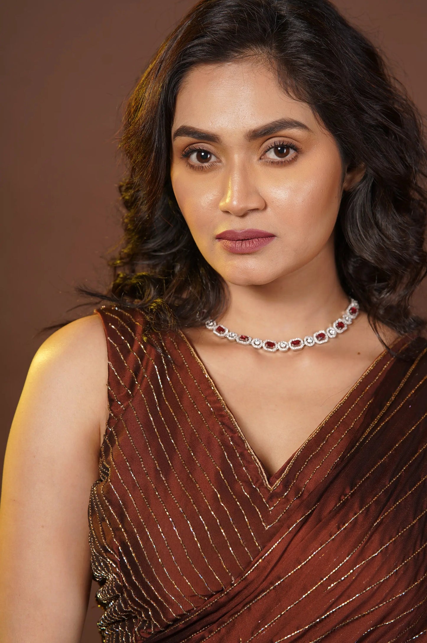 Coffee Brown Noorani Georgette Cocktail Saree kreationbykj