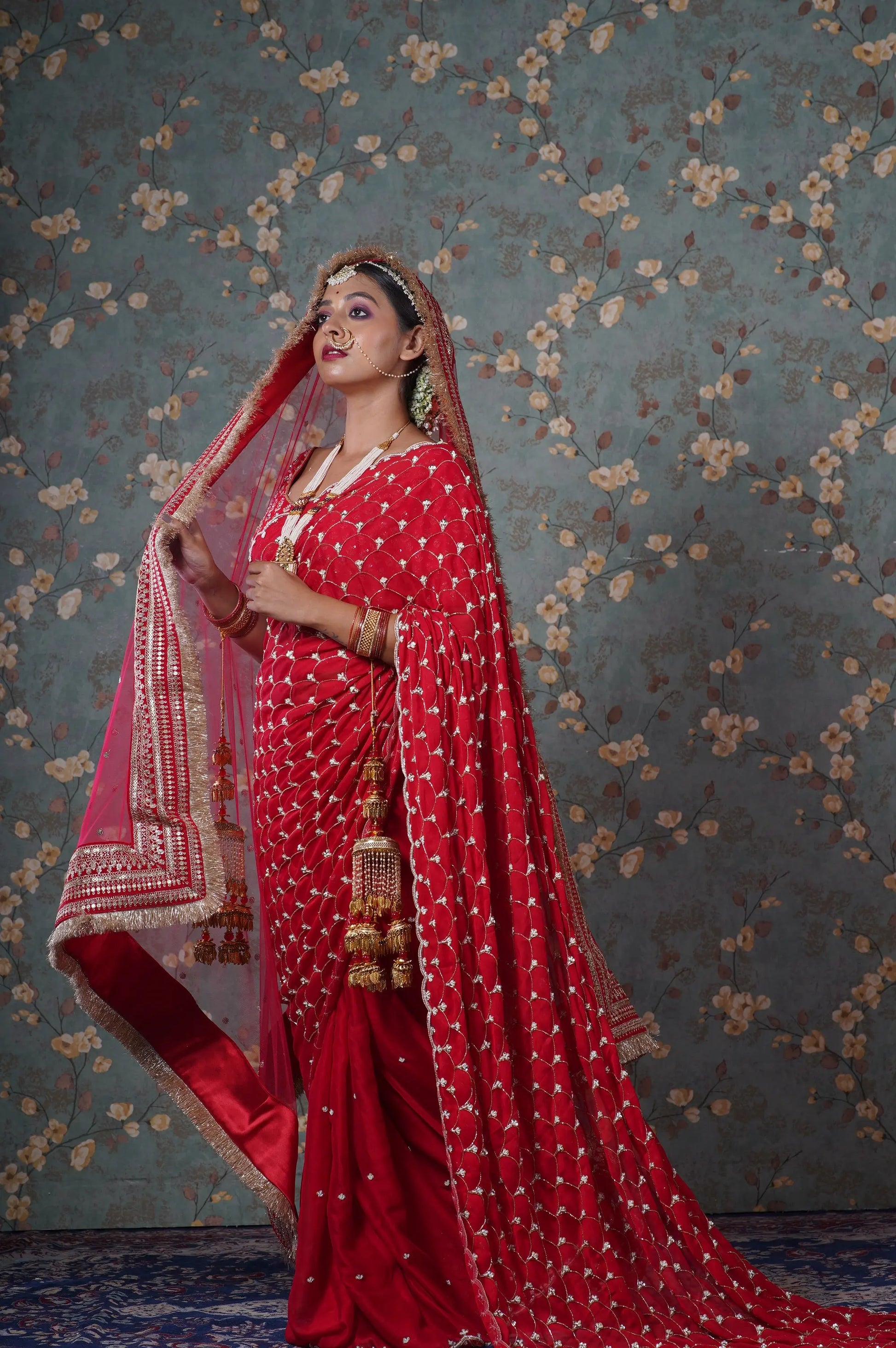 Red Georgette Mehraab Jaal Saree kreationbykj