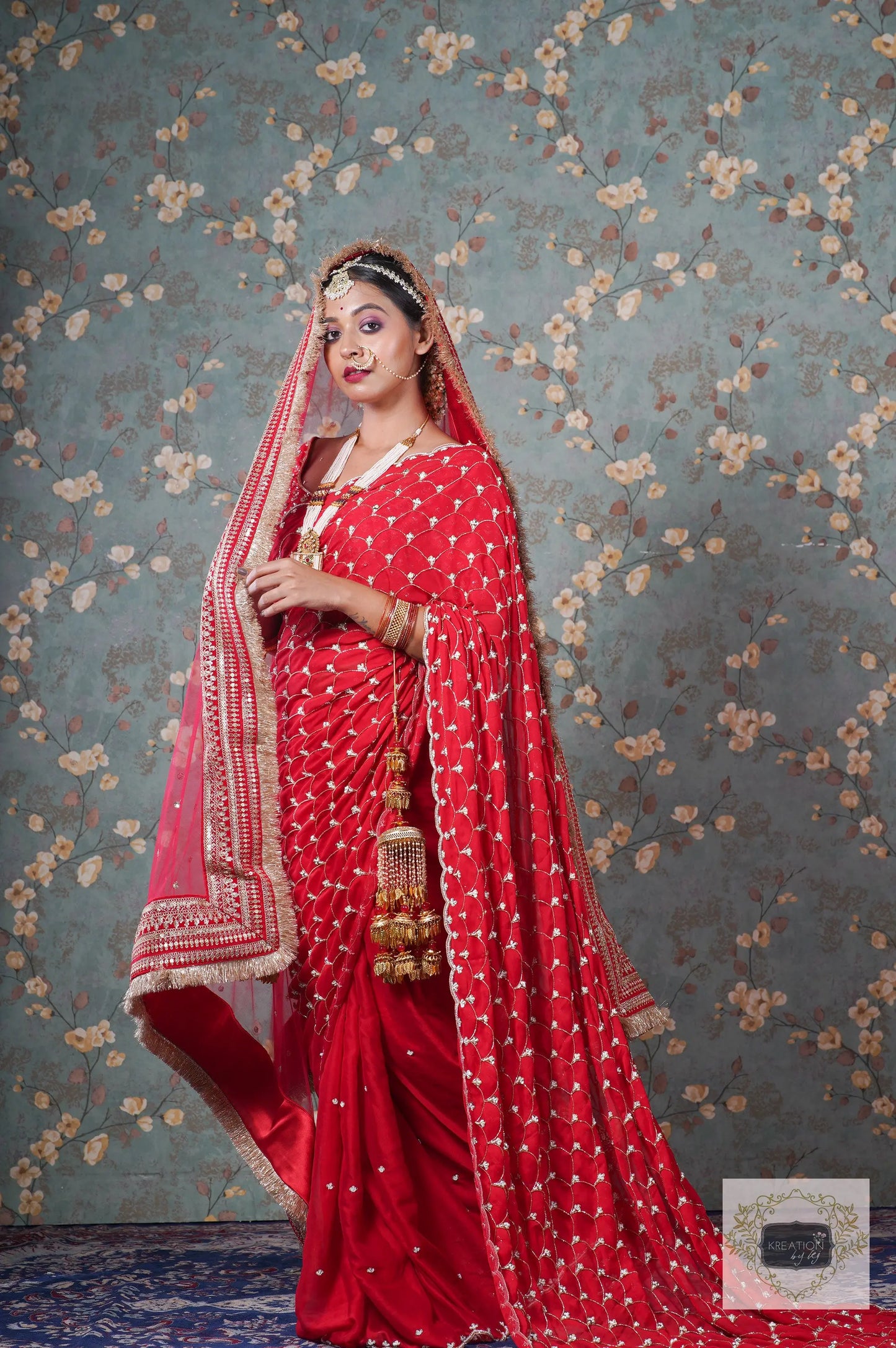 Red Georgette Mehraab Jaal Saree kreationbykj