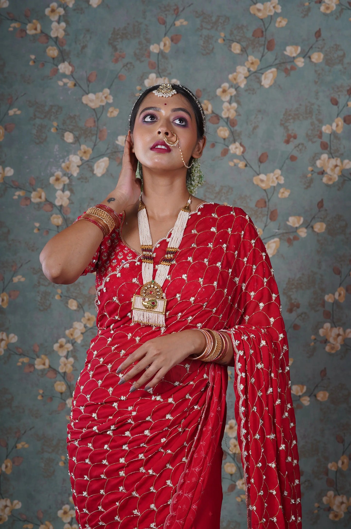 Red Georgette Mehraab Jaal Saree kreationbykj