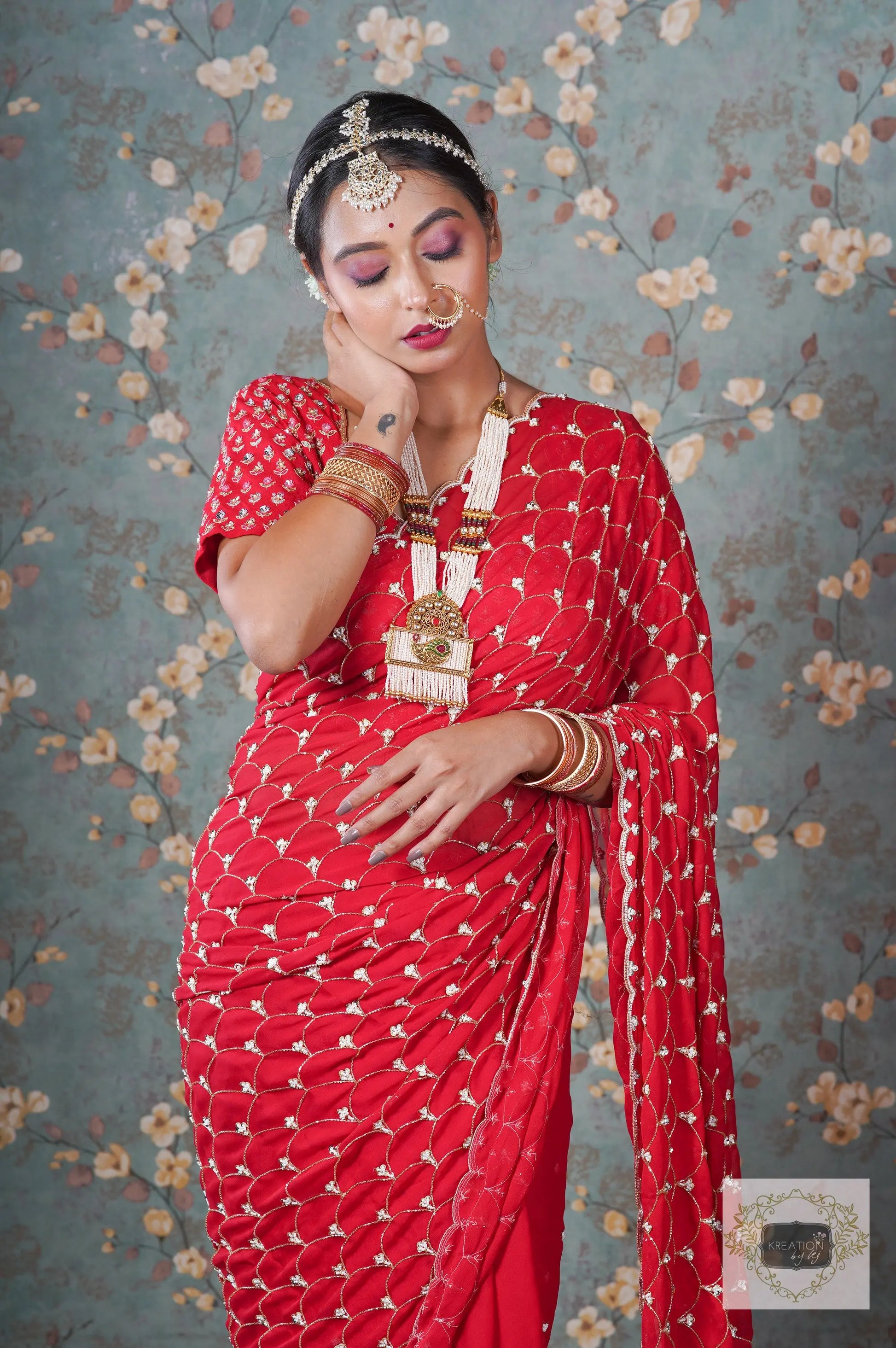 Red Georgette Mehraab Jaal Saree kreationbykj