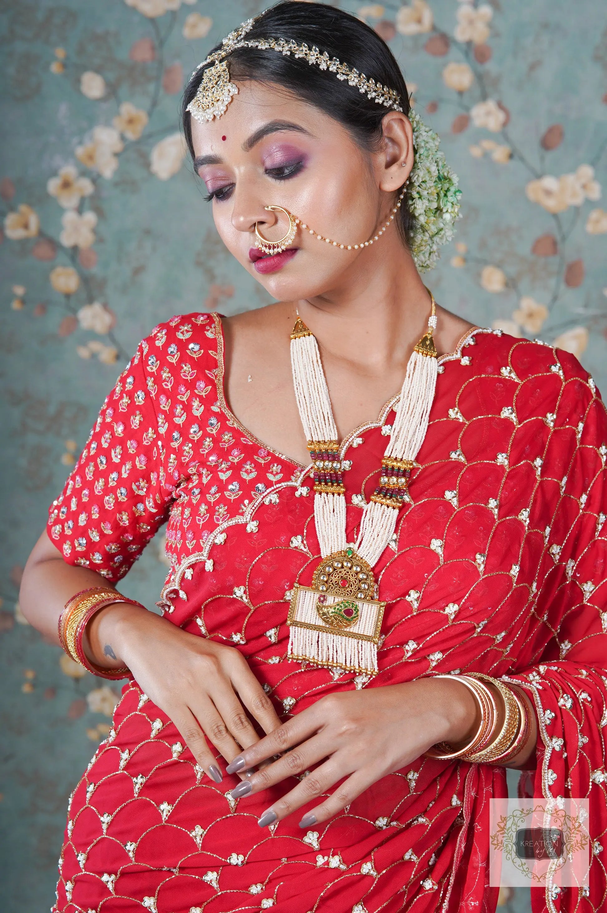 Red Georgette Mehraab Jaal Saree kreationbykj