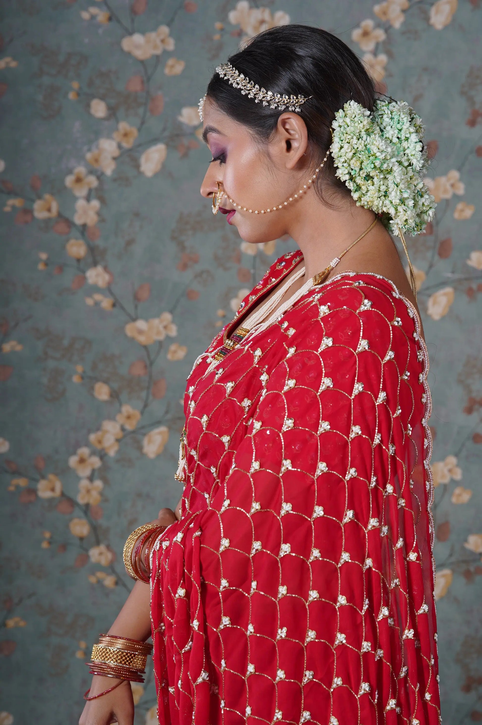 Red Georgette Mehraab Jaal Saree kreationbykj