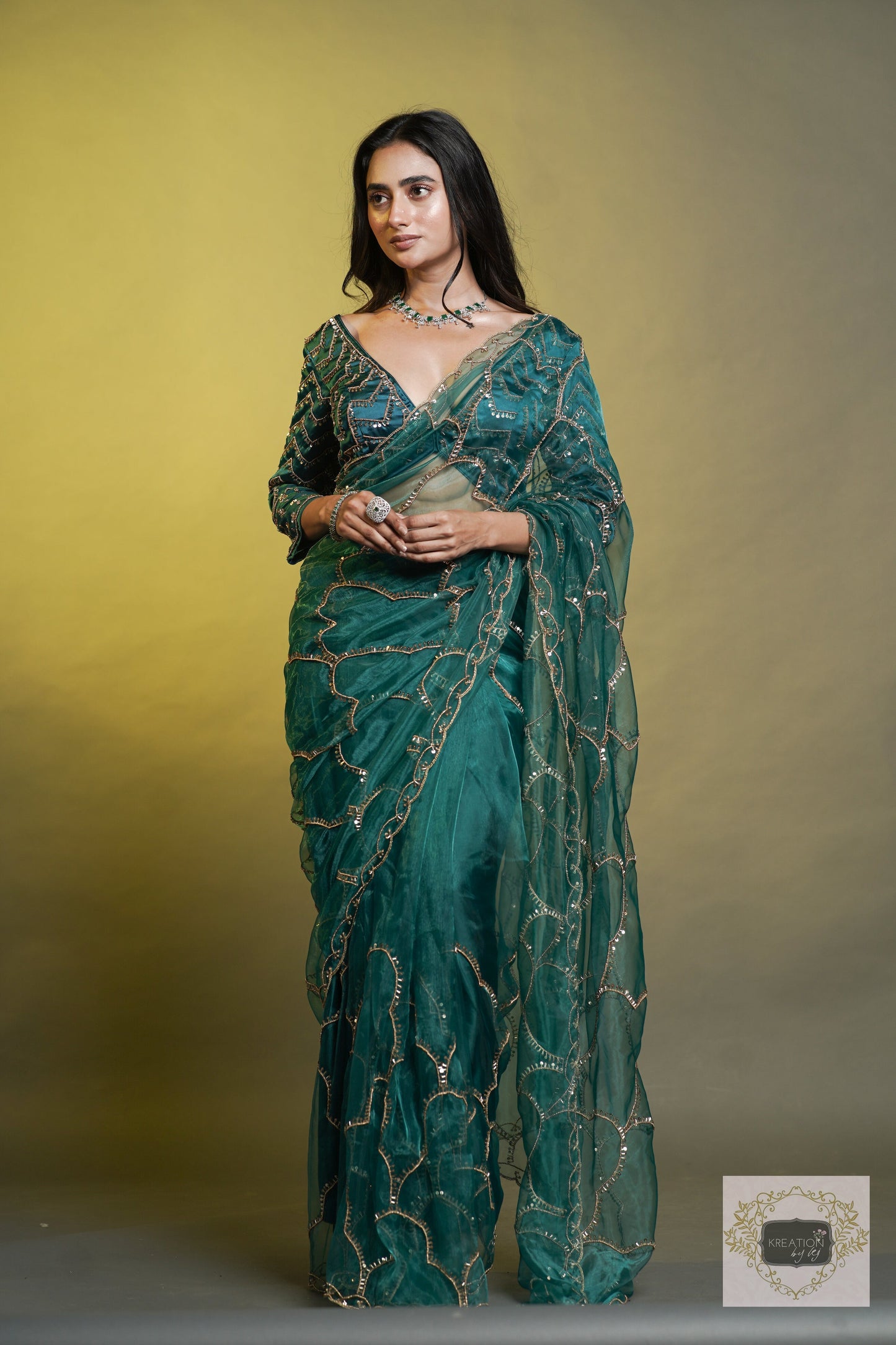 Chaudhvin ka Chand Teal Blue Saree kreationbykj