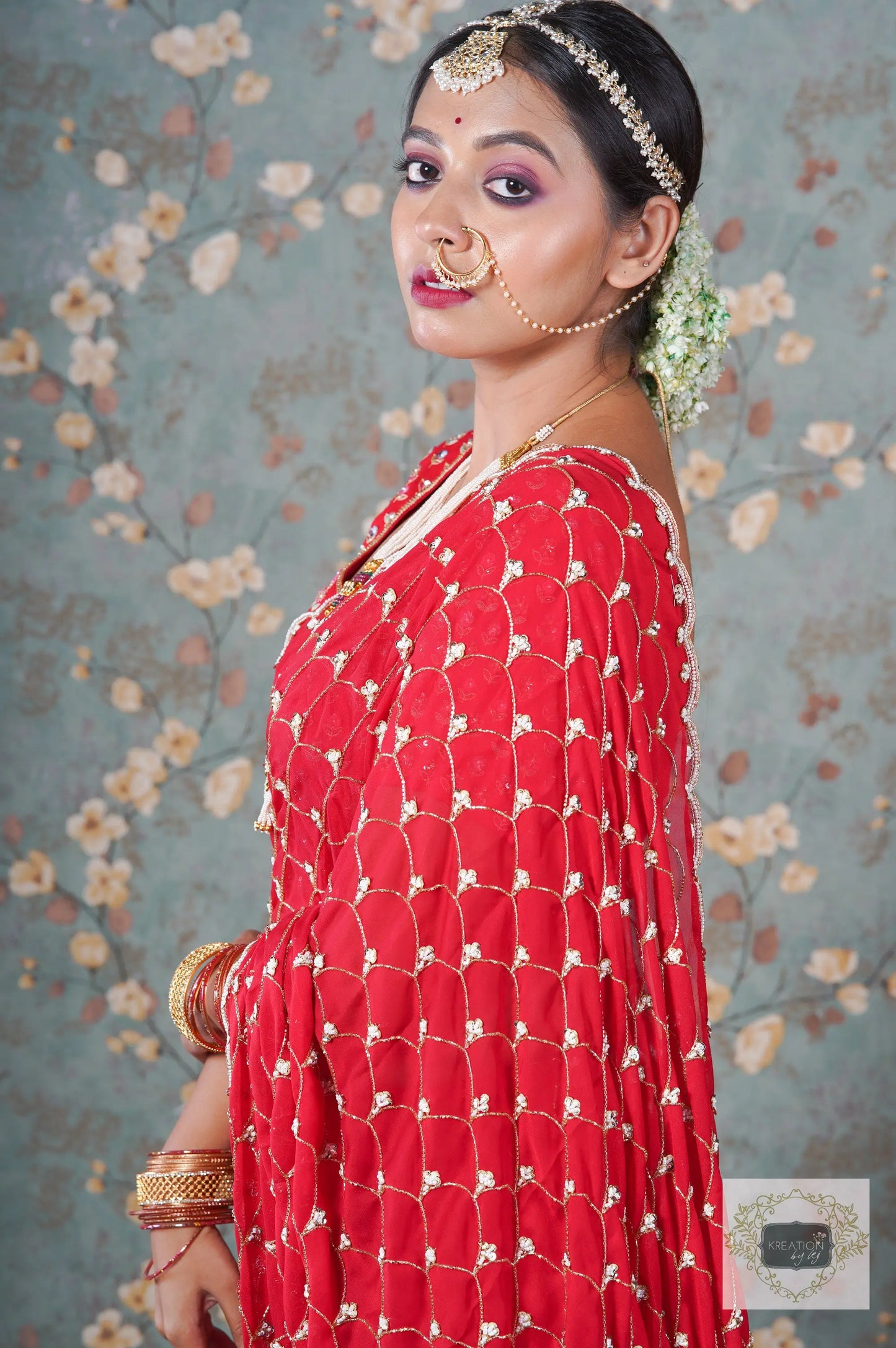 Red Georgette Mehraab Jaal Saree kreationbykj