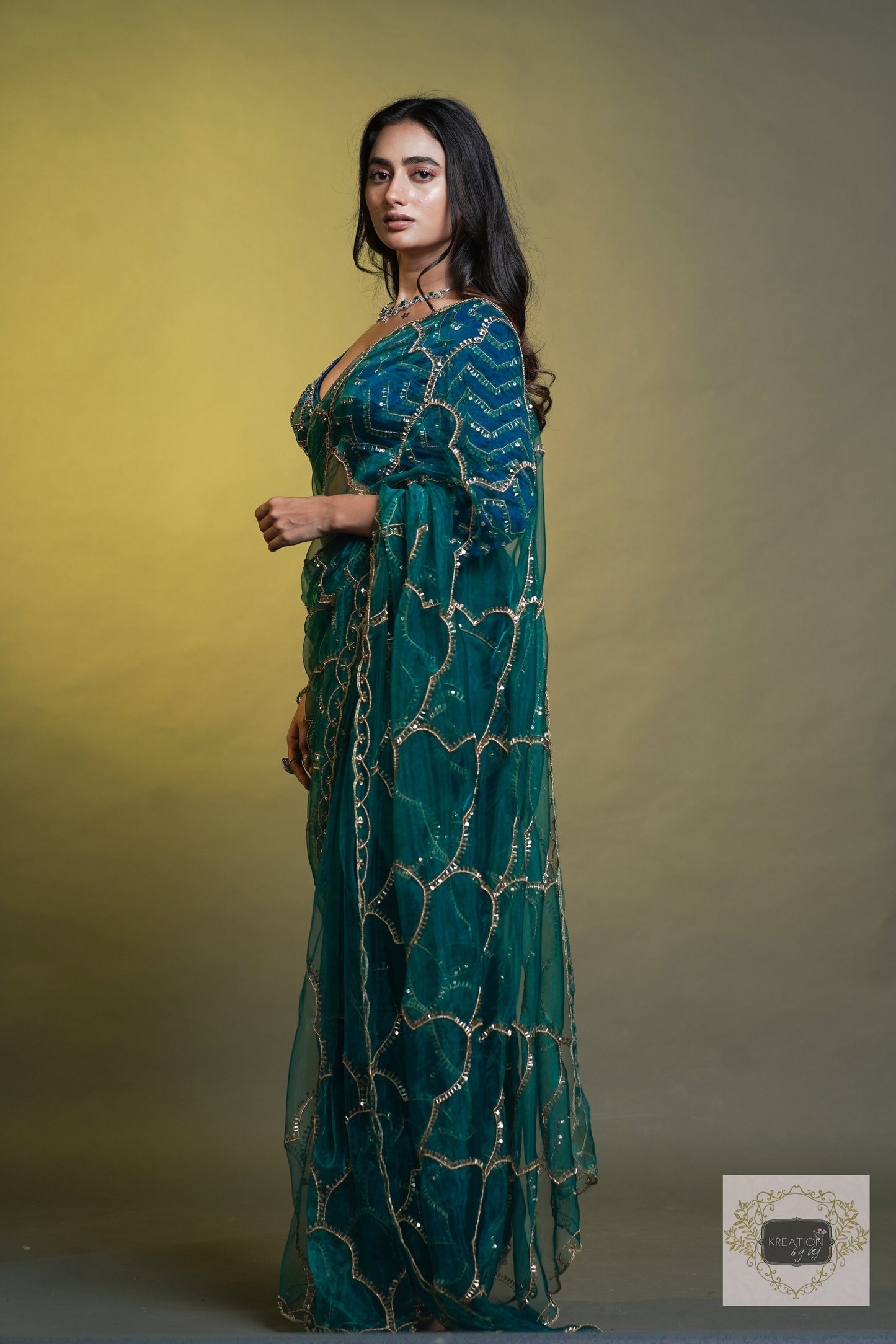 Chaudhvin ka Chand Teal Blue Saree kreationbykj