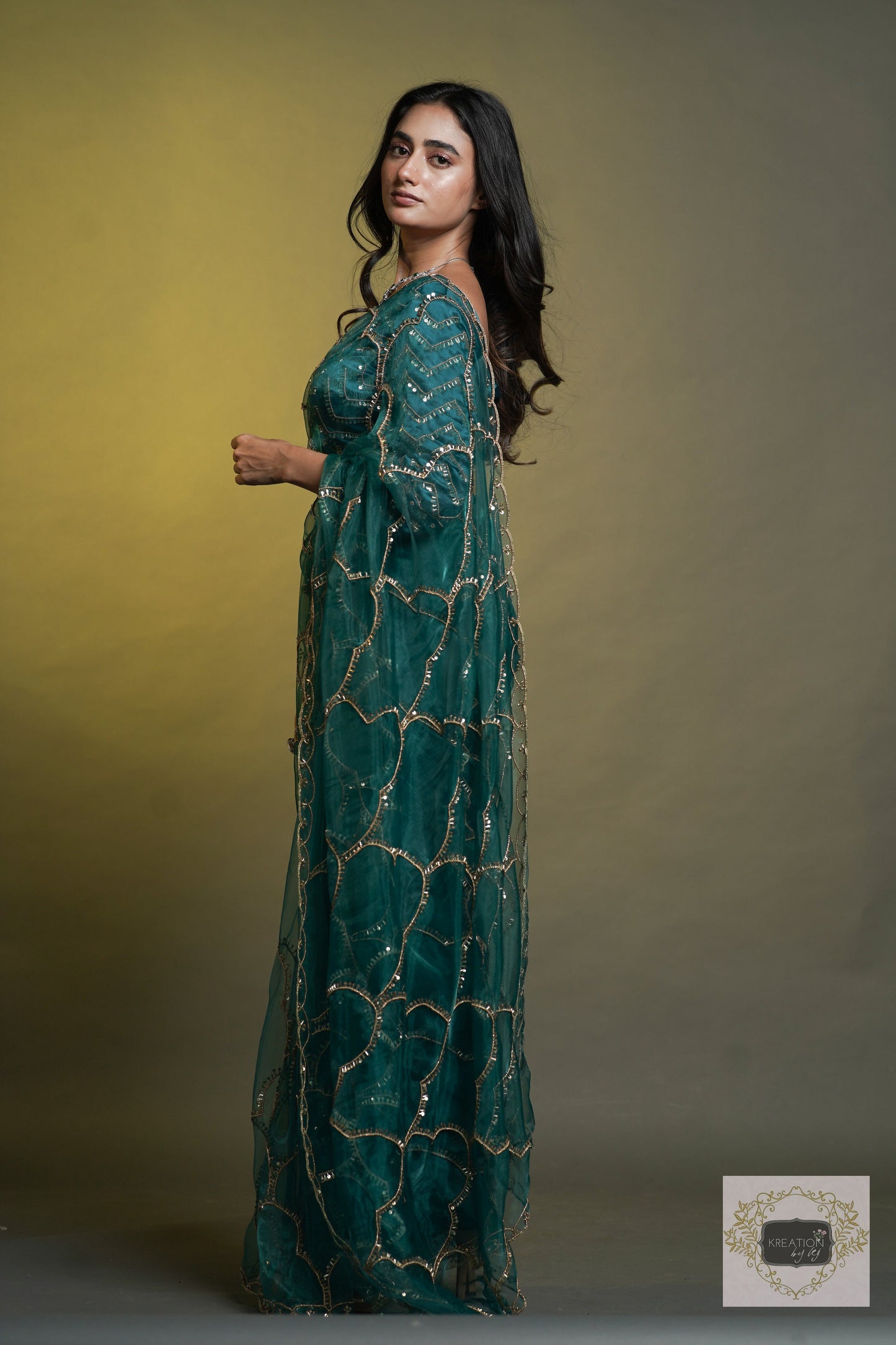 Chaudhvin ka Chand Teal Blue Saree kreationbykj