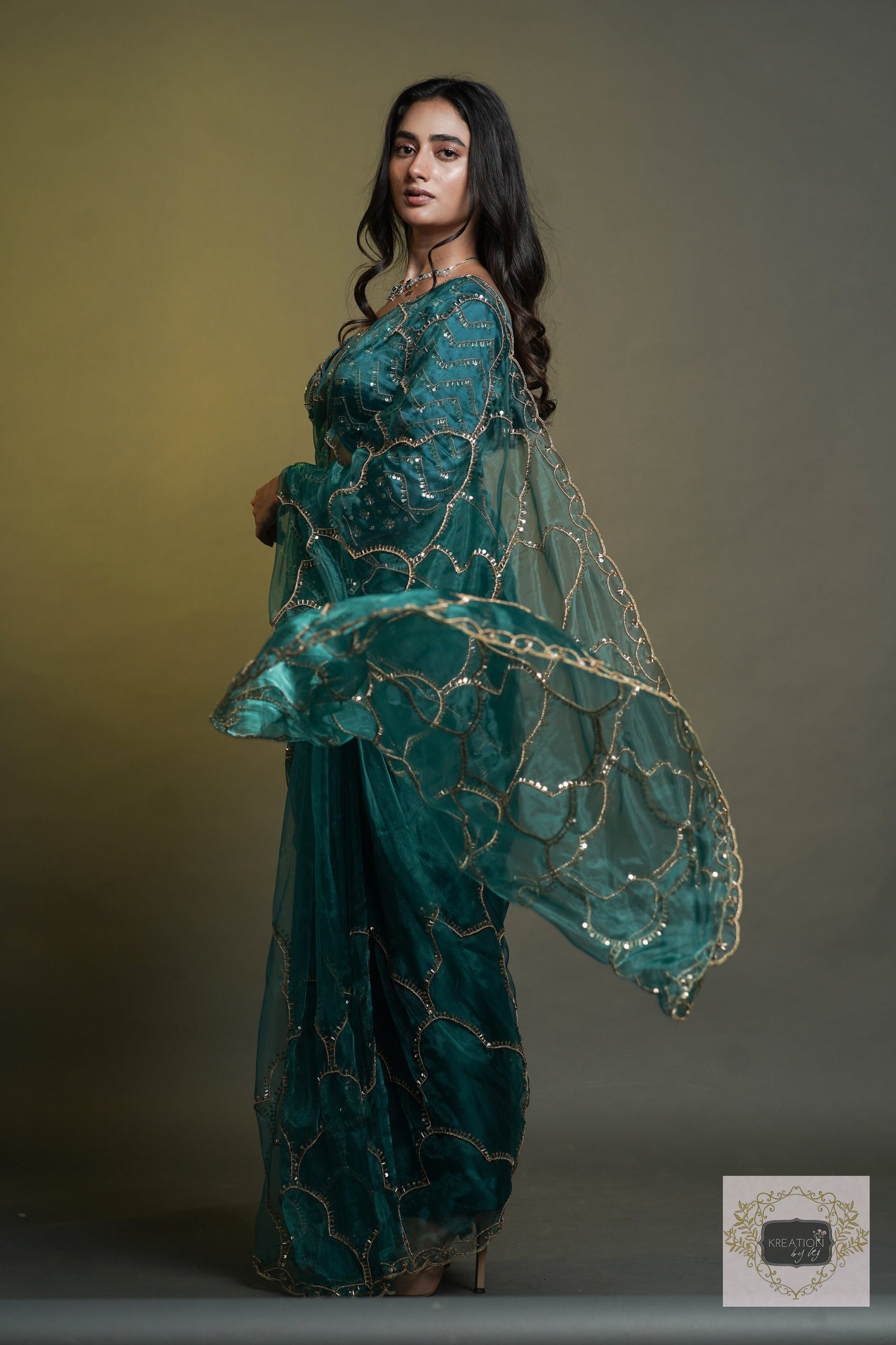 Chaudhvin ka Chand Teal Blue Saree kreationbykj