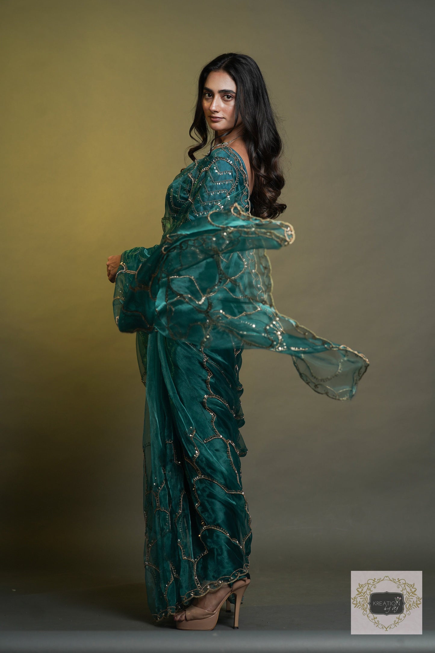 Chaudhvin ka Chand Teal Blue Saree kreationbykj