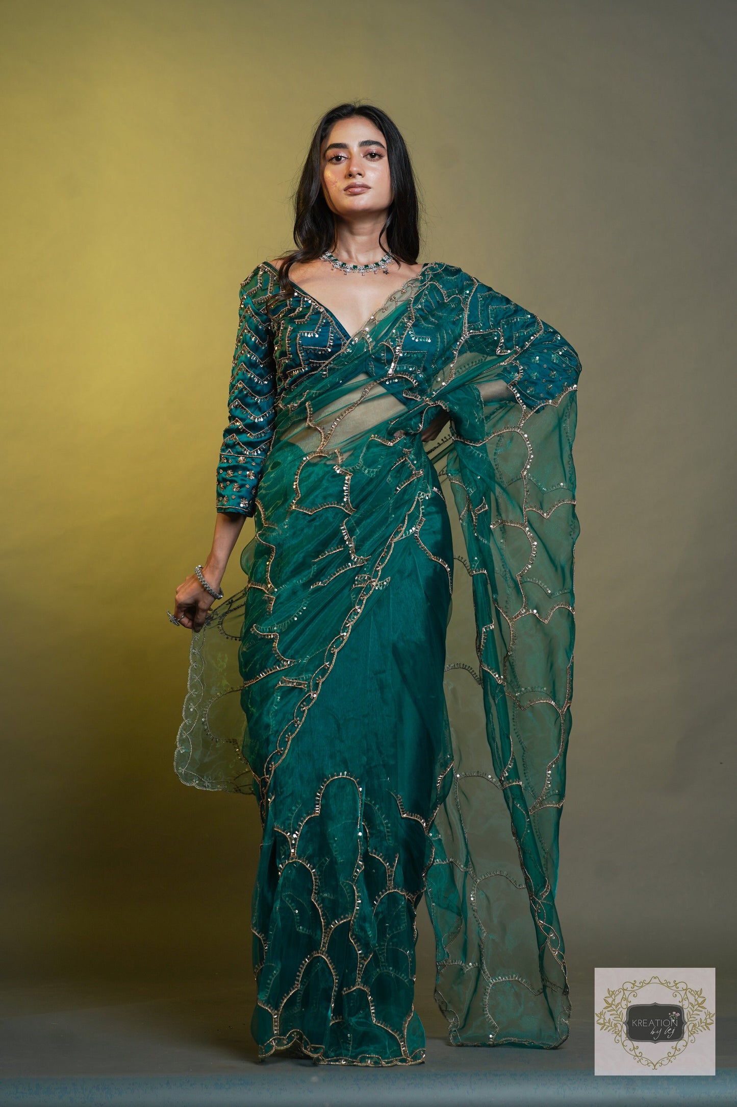 Chaudhvin ka Chand Teal Blue Saree kreationbykj
