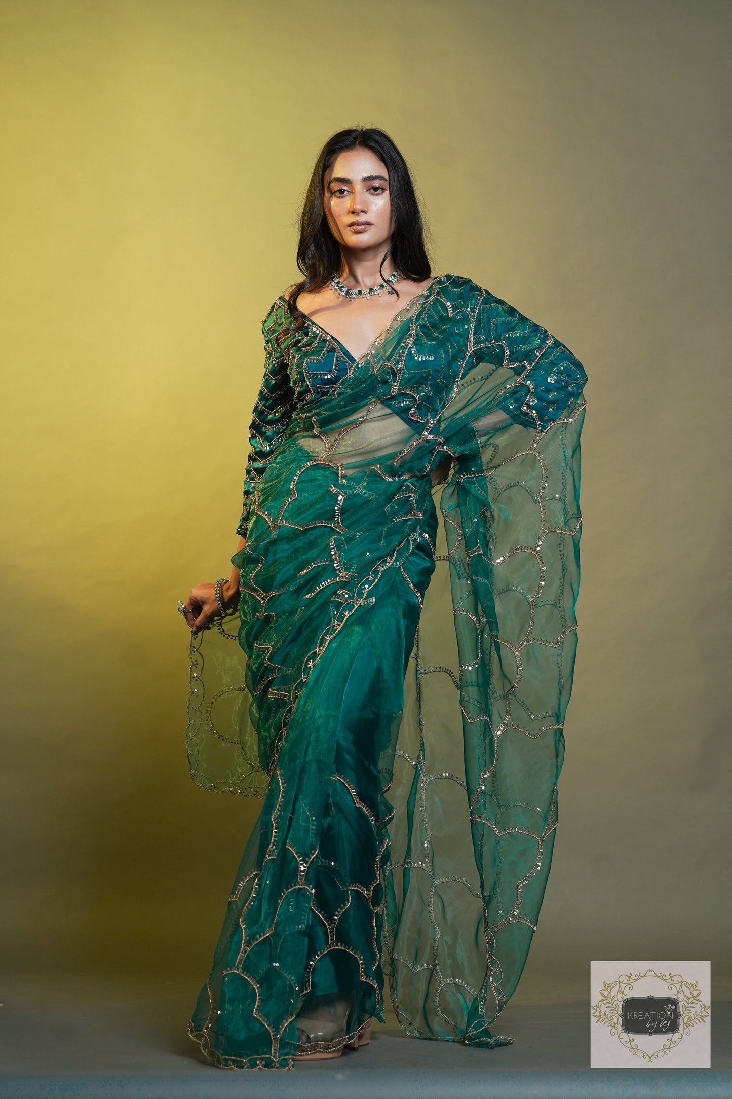 Chaudhvin ka Chand Teal Blue Saree kreationbykj