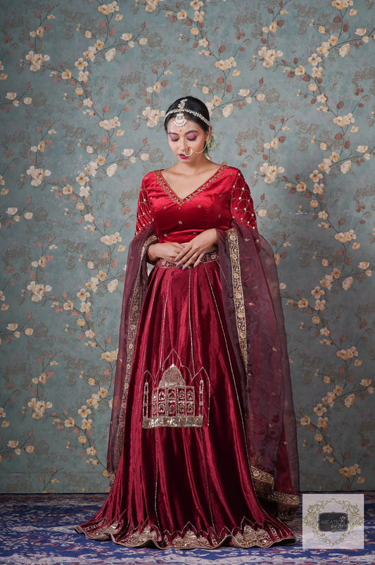 Burgundy Velvet Taj Mahal Lehenga Set kreationbykj