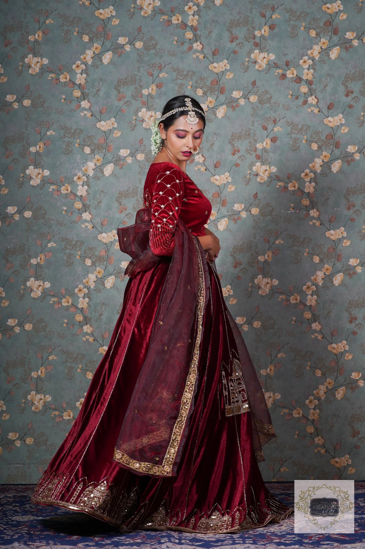 Burgundy Velvet Taj Mahal Lehenga Set kreationbykj
