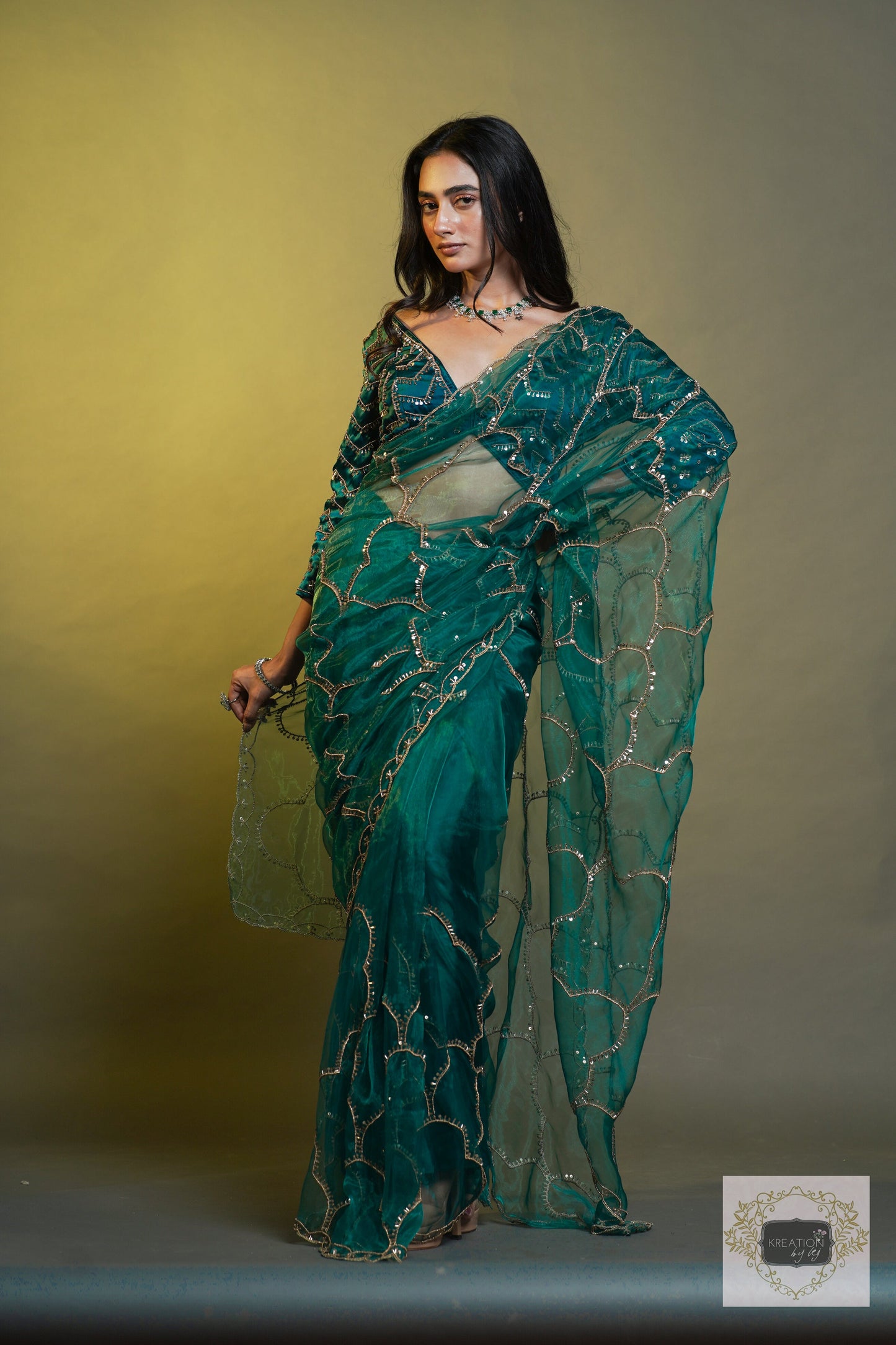Chaudhvin ka Chand Teal Blue Saree kreationbykj