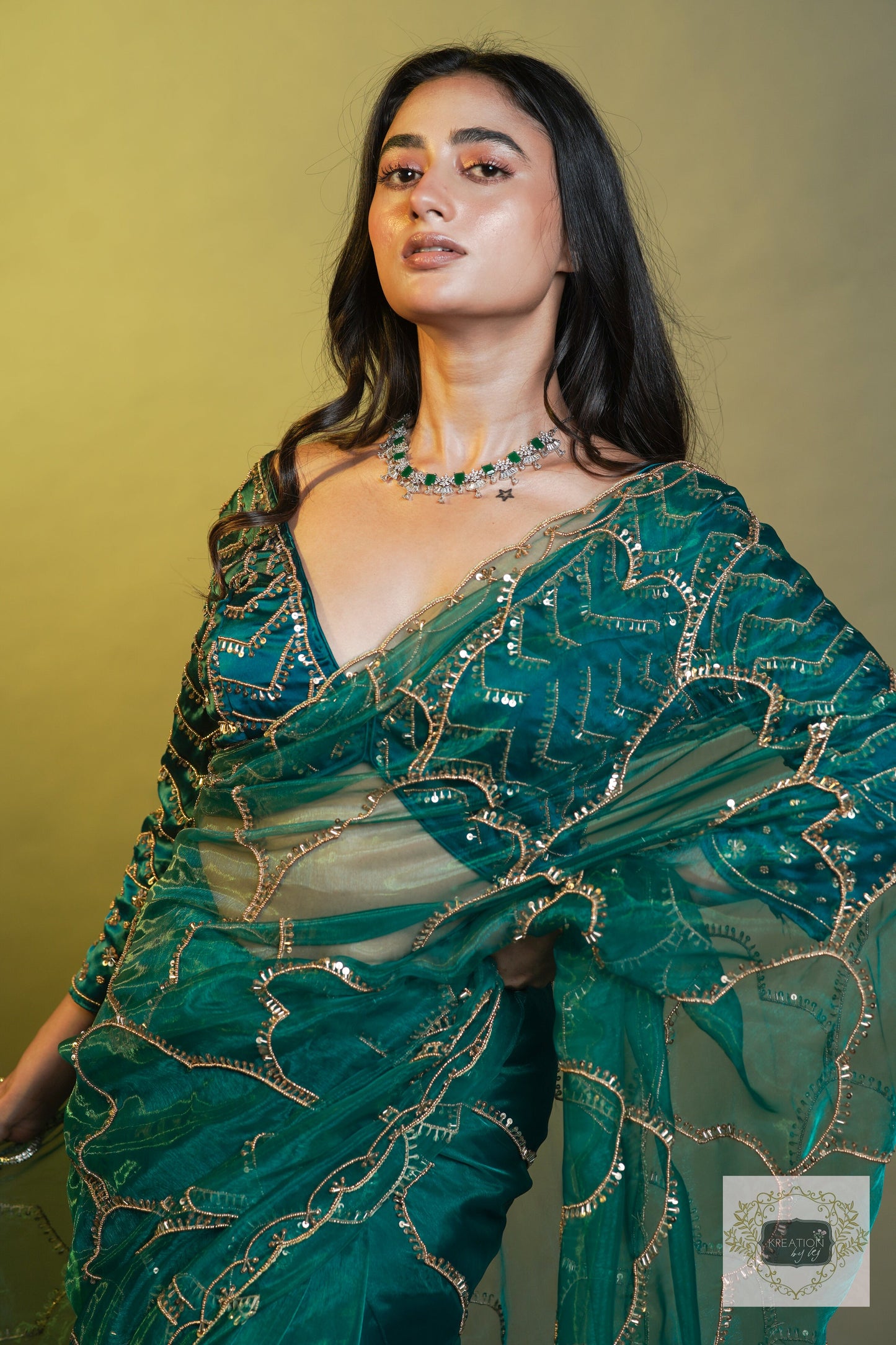 Chaudhvin ka Chand Teal Blue Saree kreationbykj
