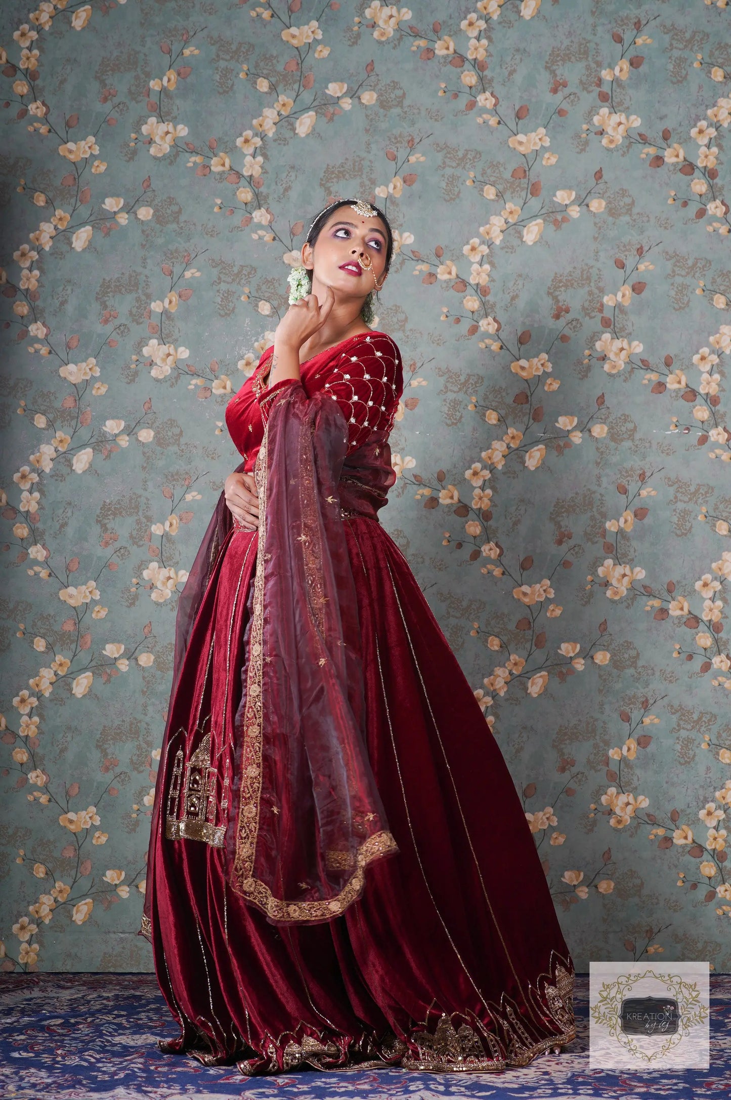 Burgundy Velvet Taj Mahal Lehenga Set kreationbykj