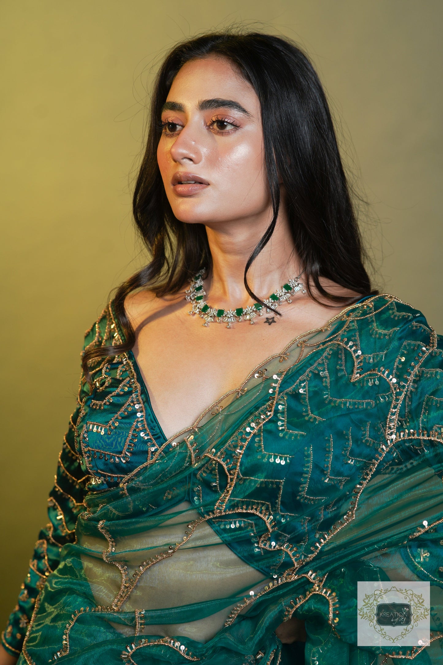 Chaudhvin ka Chand Teal Blue Saree kreationbykj