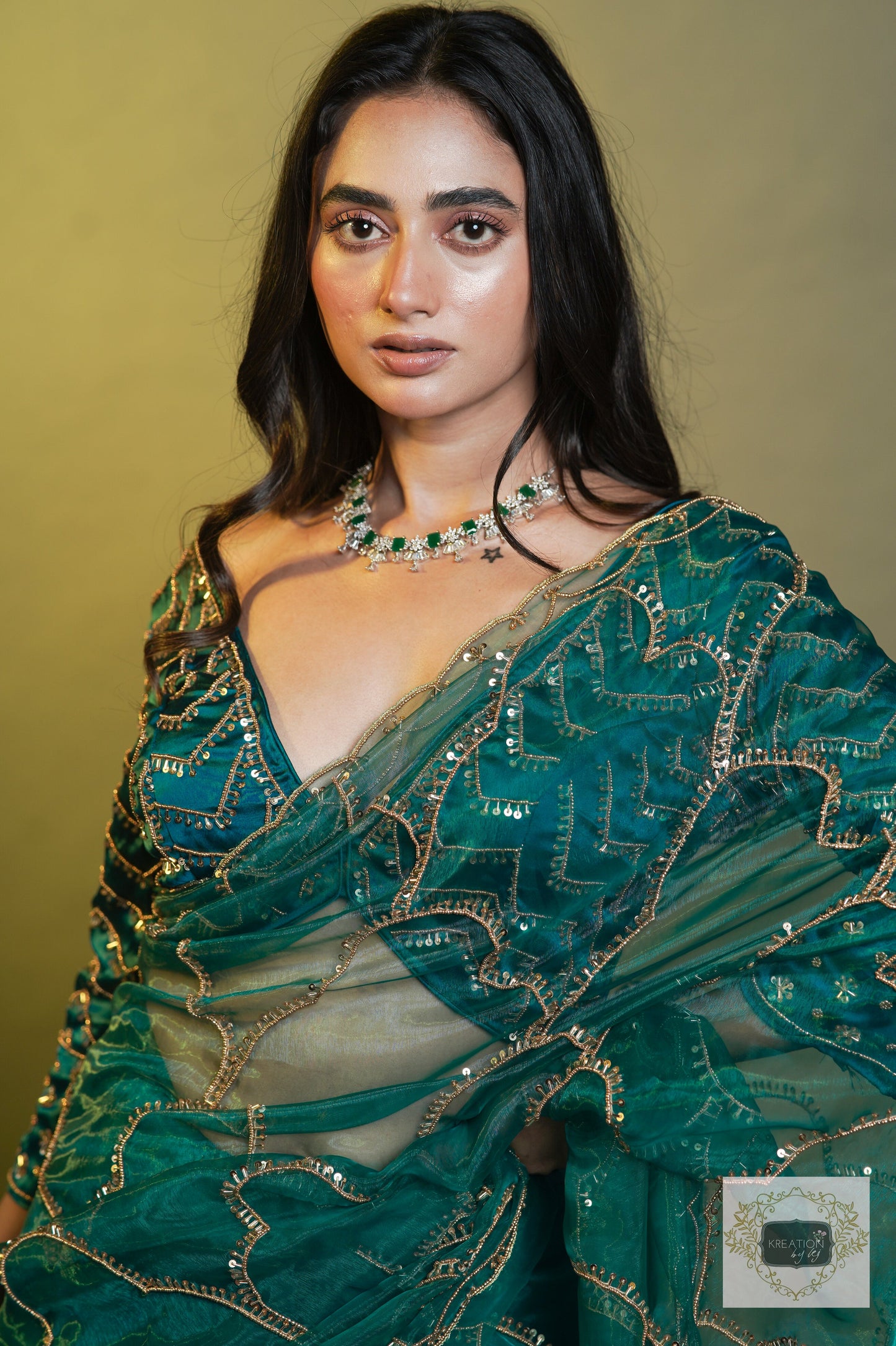 Chaudhvin ka Chand Teal Blue Saree kreationbykj