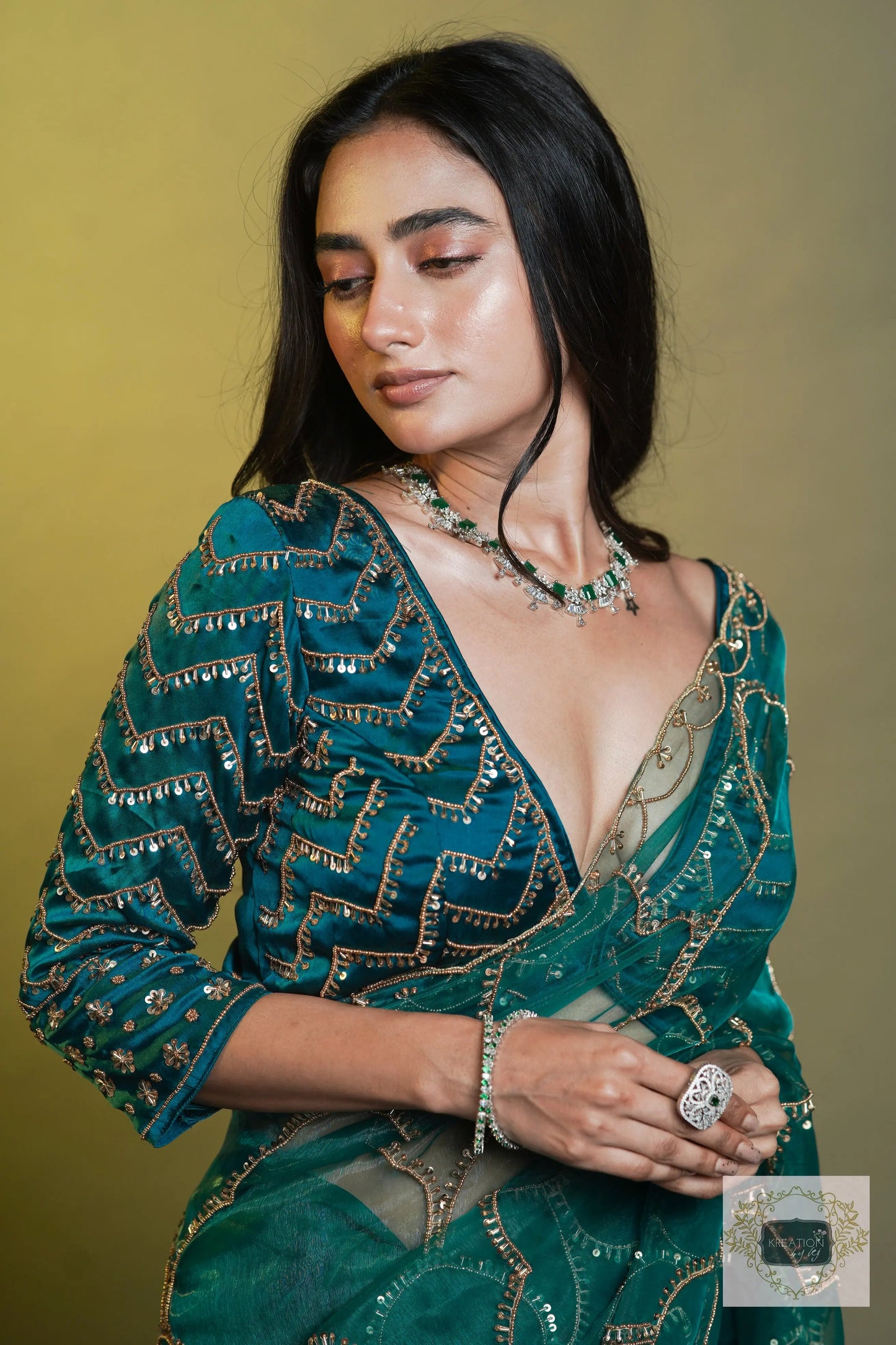 Chaudhvin ka Chand Teal Blue Saree kreationbykj