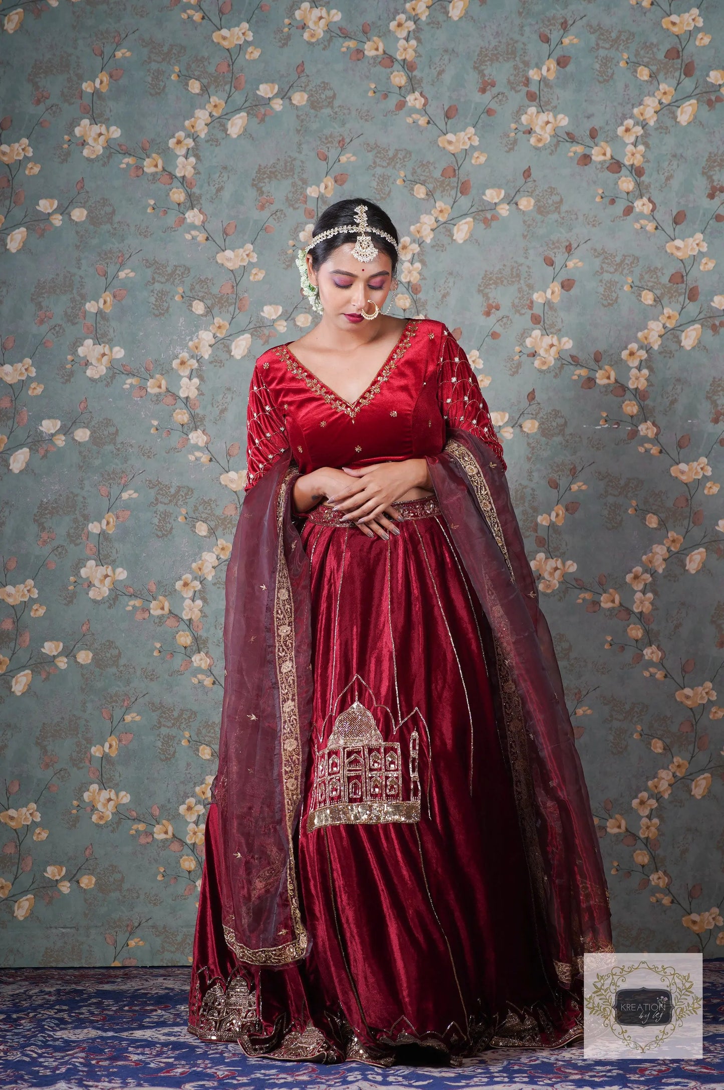 Burgundy Velvet Taj Mahal Lehenga Set kreationbykj