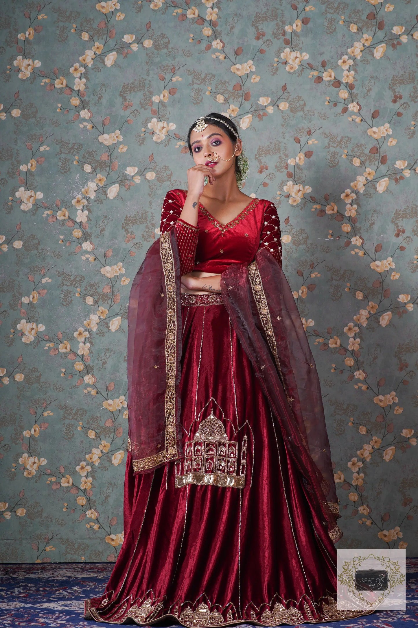 Burgundy Velvet Taj Mahal Lehenga Set kreationbykj
