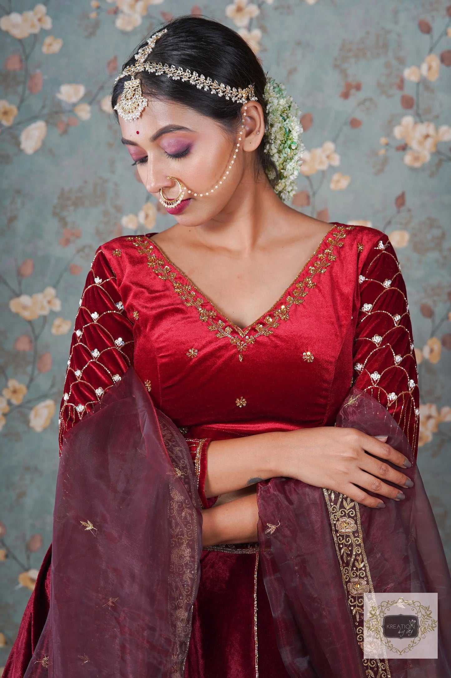 Burgundy Velvet Taj Mahal Lehenga Set kreationbykj