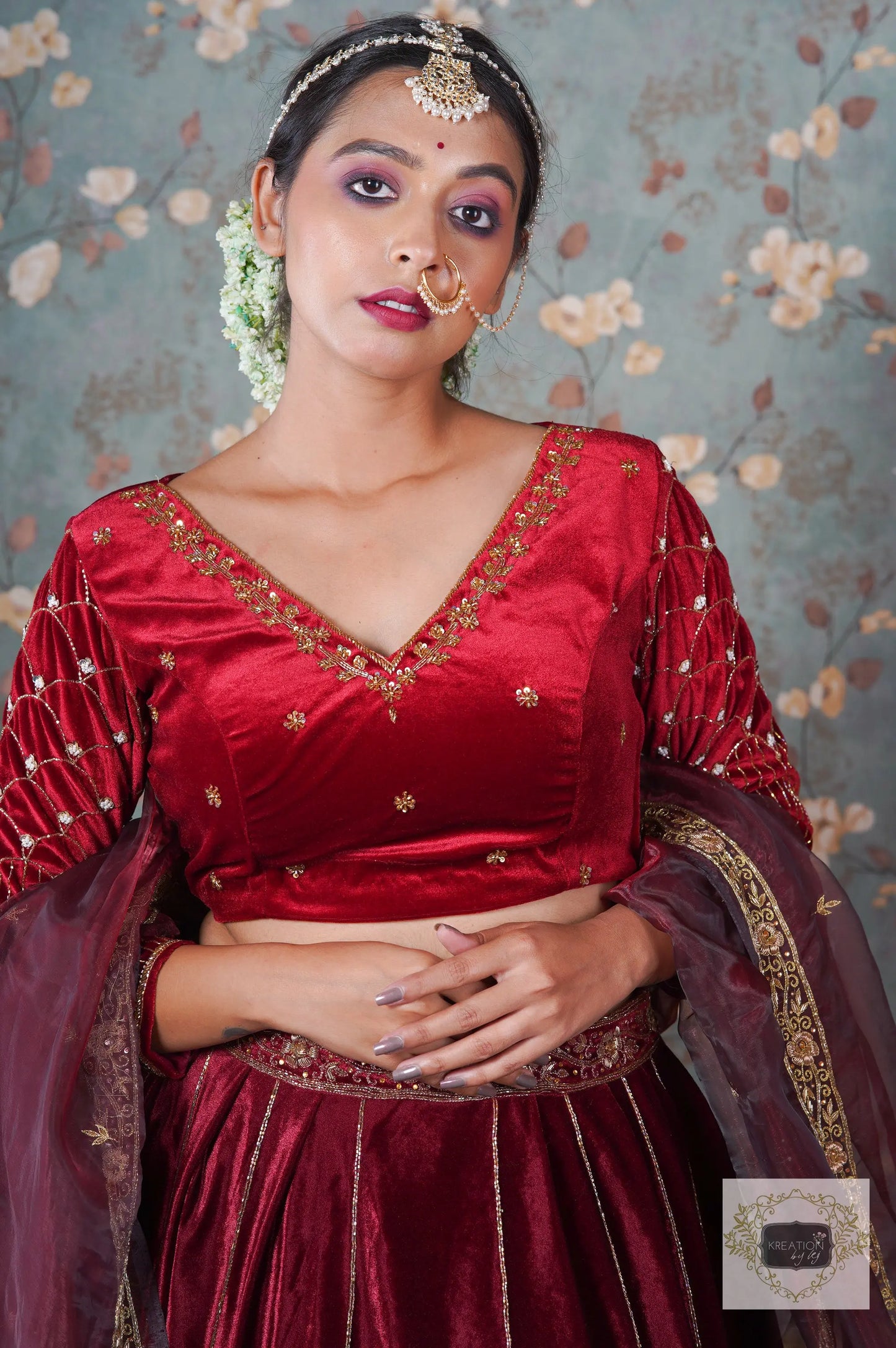 Burgundy Velvet Taj Mahal Lehenga Set kreationbykj