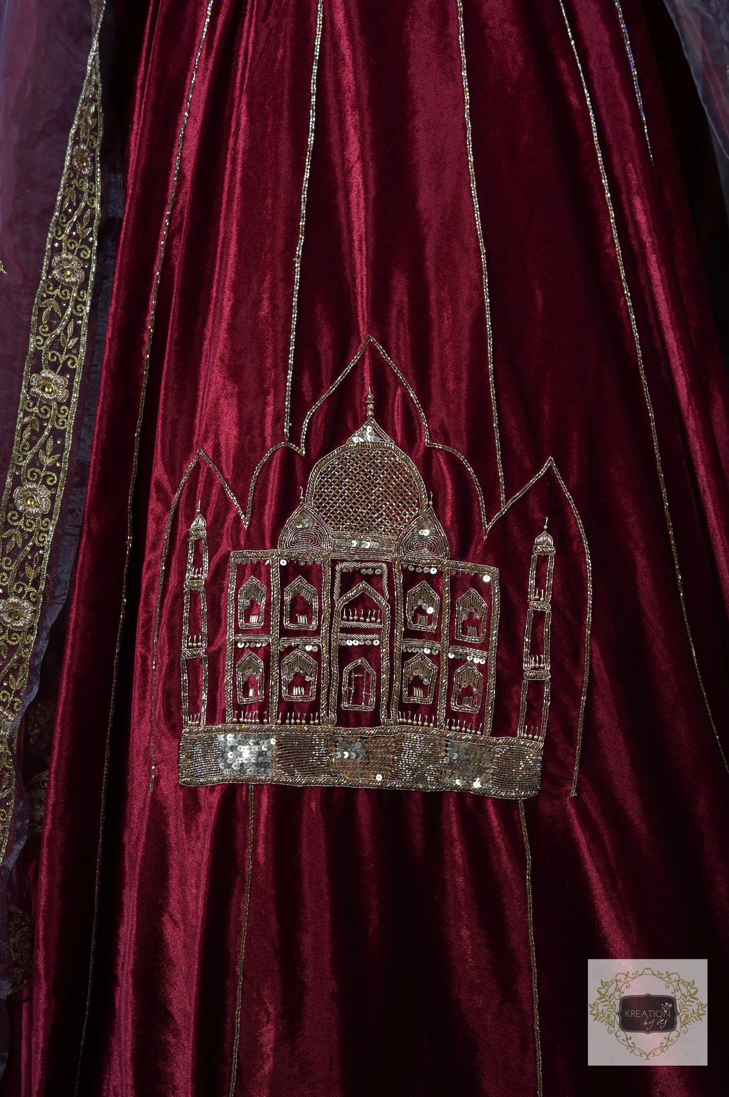 Burgundy Velvet Taj Mahal Lehenga Set kreationbykj